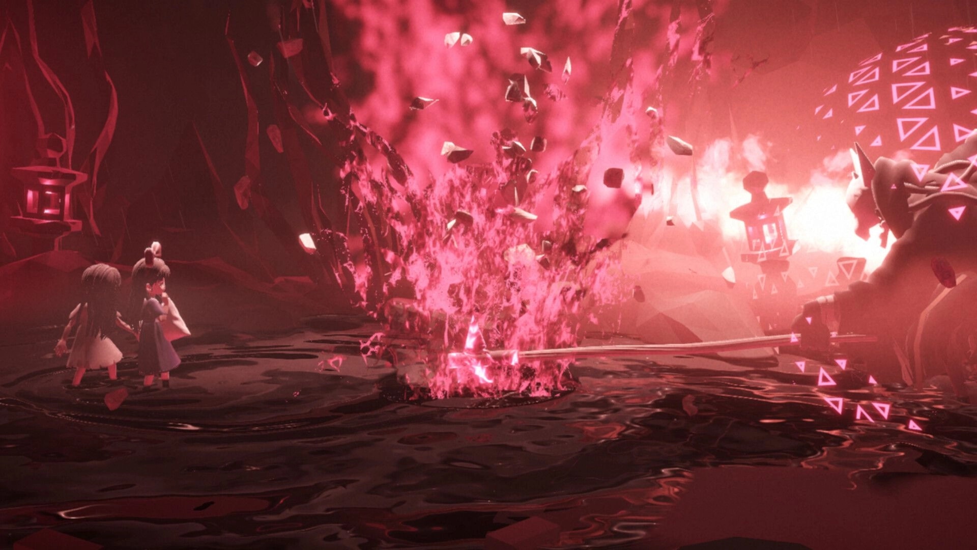 Mona: Two characters face a red explosion in a dark cave with glowing triangular patterns.