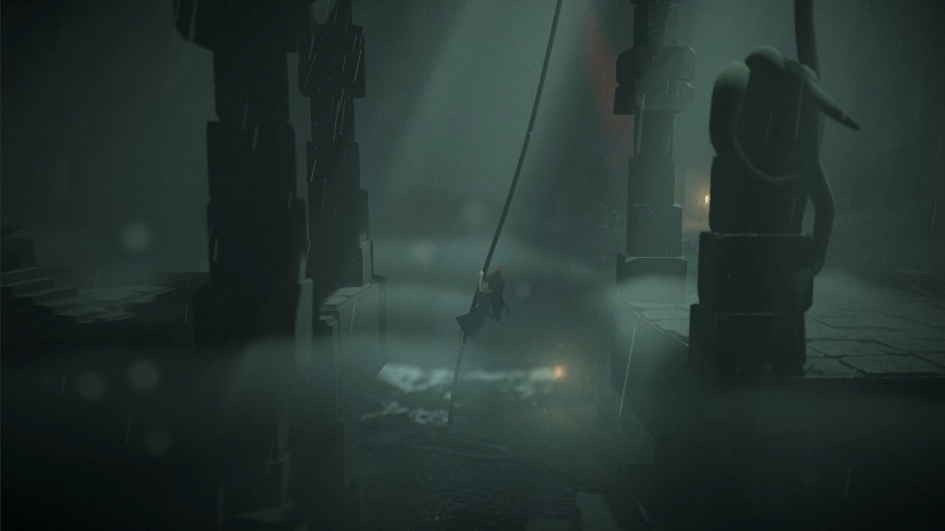 Mona: Swinging across a misty chasm using a rope, surrounded by ancient stone pillars in a dim cavern.