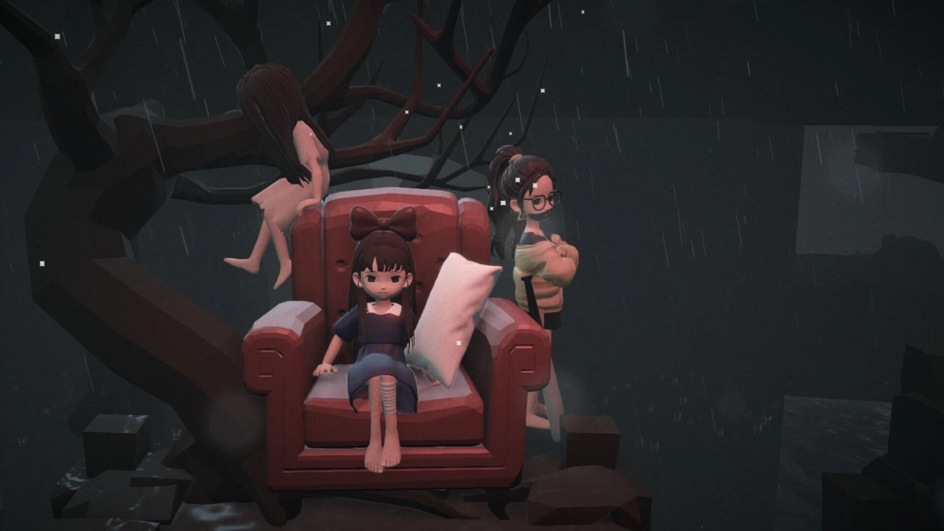 Mona: Three characters on a red couch beneath a twisted tree in a dark, rainy environment