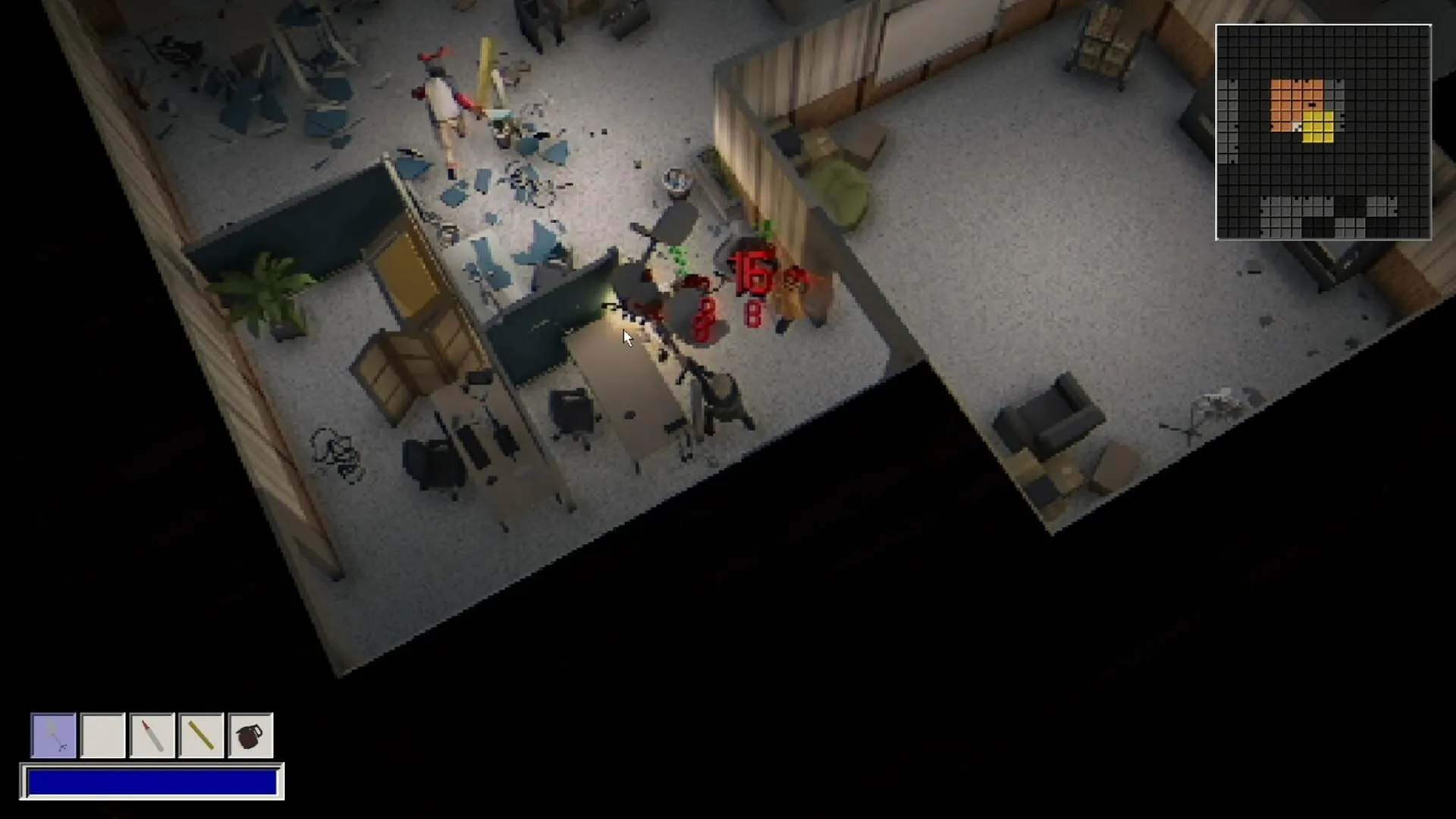 Monday Syndrome: Top-down view of chaotic office combat with demonic coworkers and damage numbers visible.