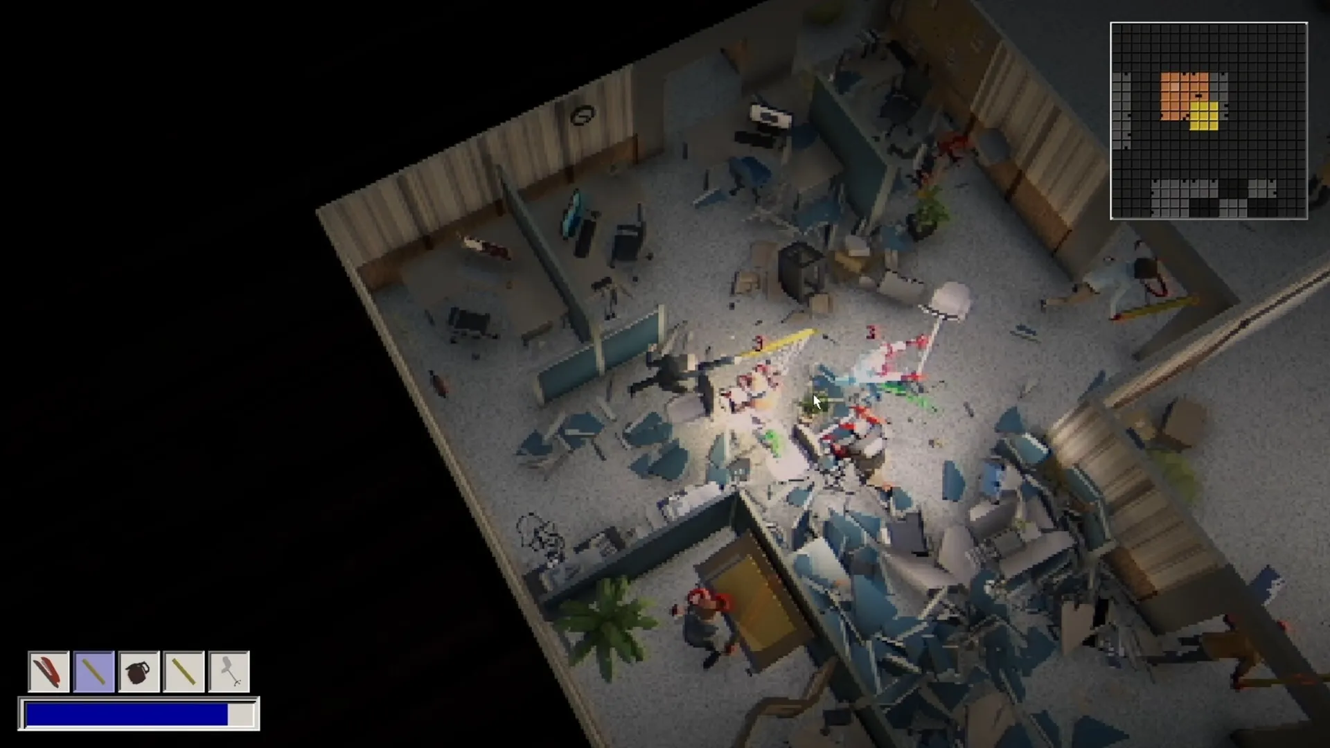 Monday Syndrome: Overhead combat in a wrecked office, with a mini-map and inventory displayed