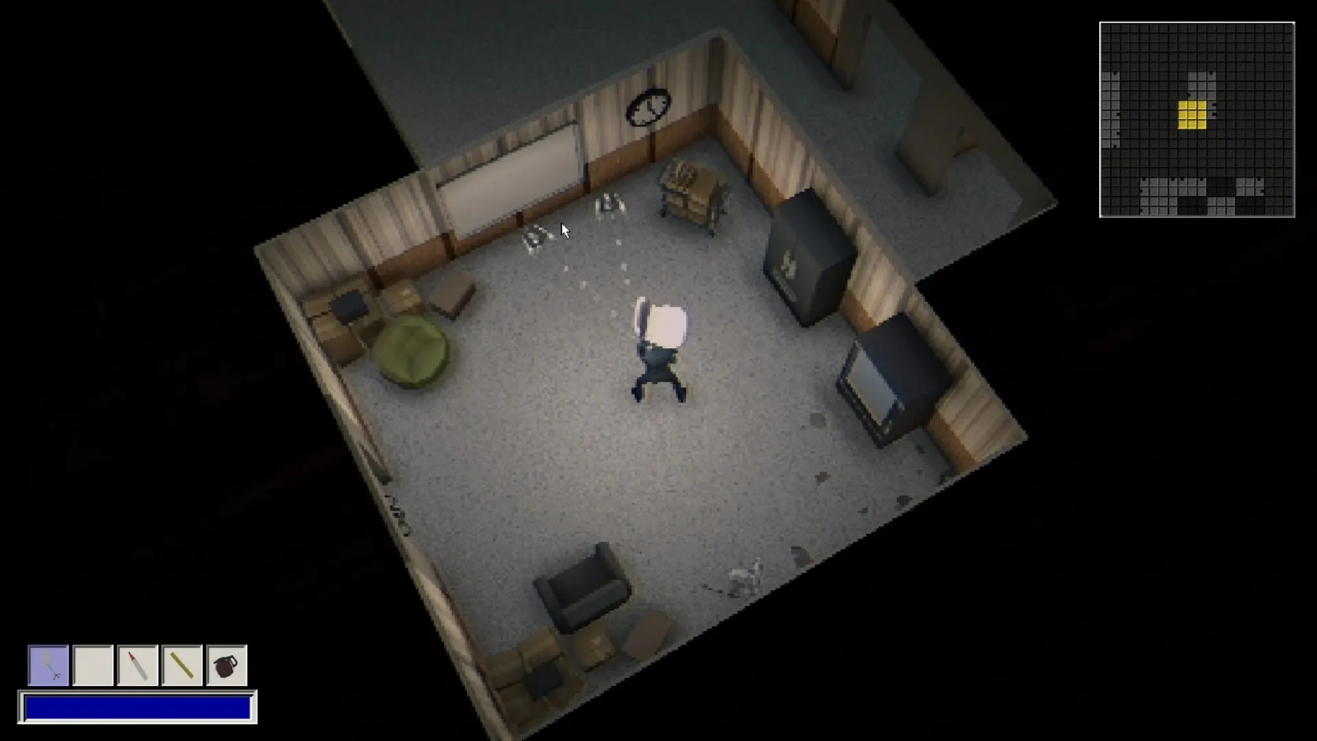 Monday Syndrome: Character wielding weapon in cluttered office with mini-map and inventory displayed
