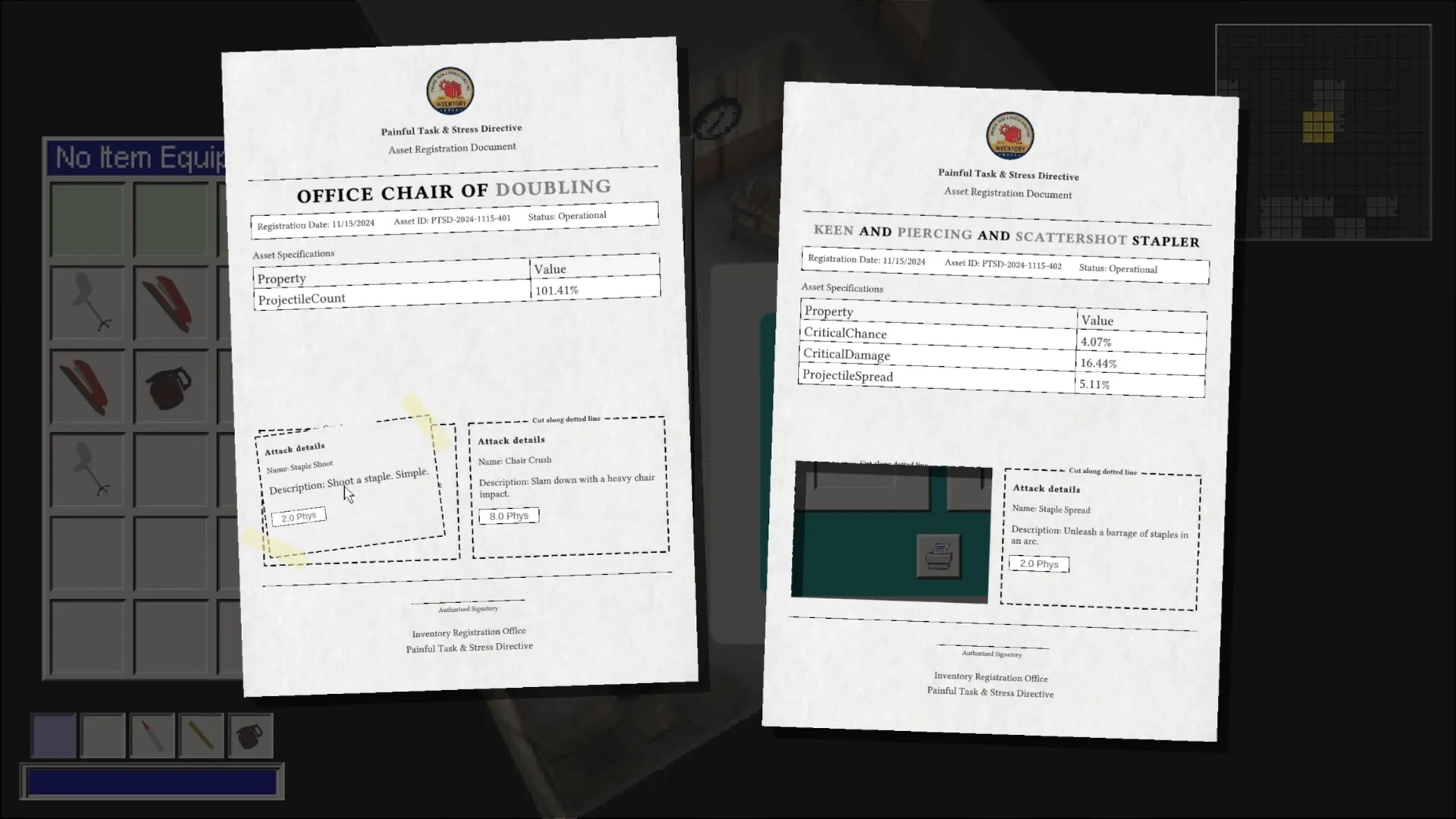 Monday Syndrome: Inventory screen with weapon stats documents for office chair and stapler displayed