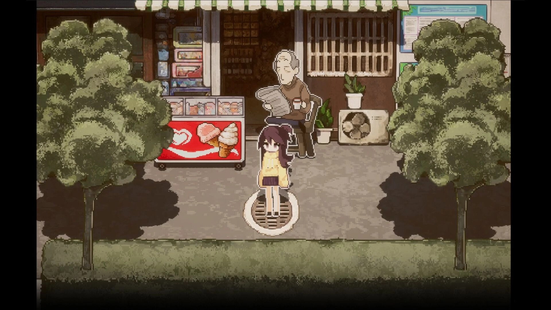 Money Under the Bed: Girl stands by ice cream cart while man reads newspaper outside a small shopfront.