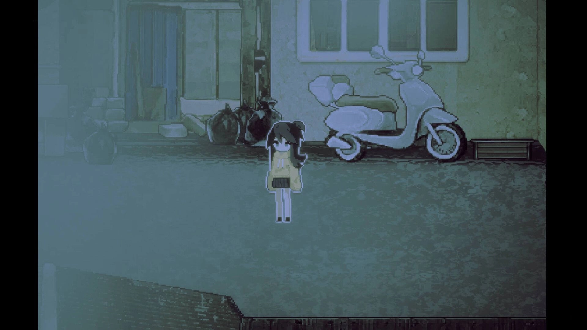 Money Under the Bed: Pixel girl stands on rainy street beside scooter, trash bags, and building door.