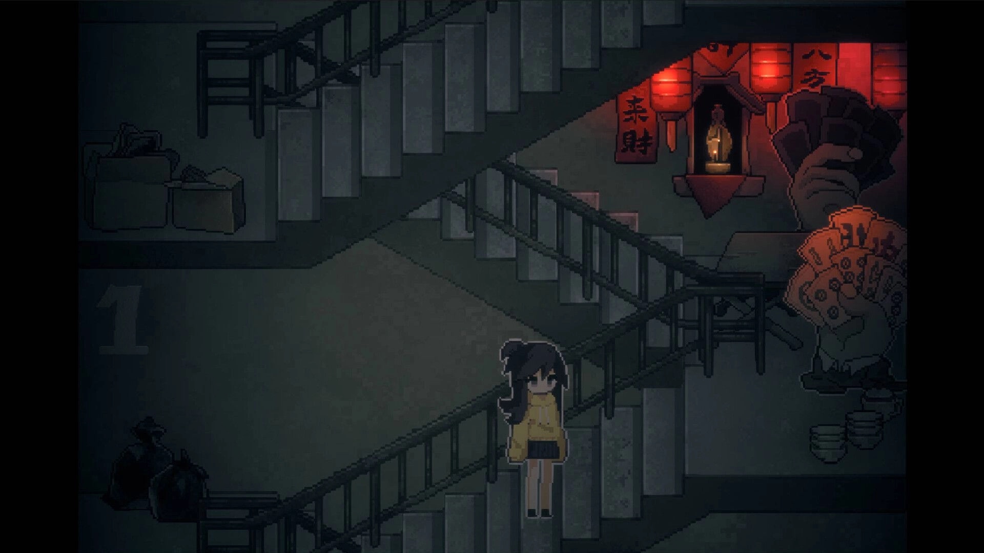 Money Under the Bed: Girl stands on dim stairwell landing near red lantern shrine and giant statue arm.
