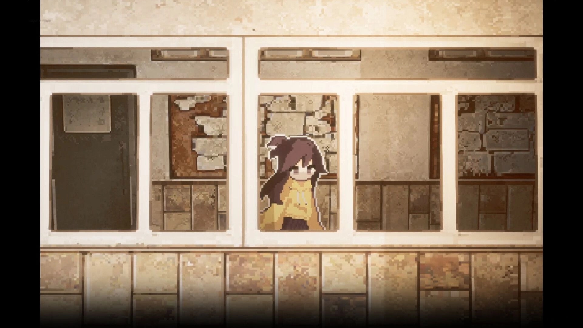 Money Under the Bed: Pixel character in yellow hoodie stands by a window in a tiled room interior.