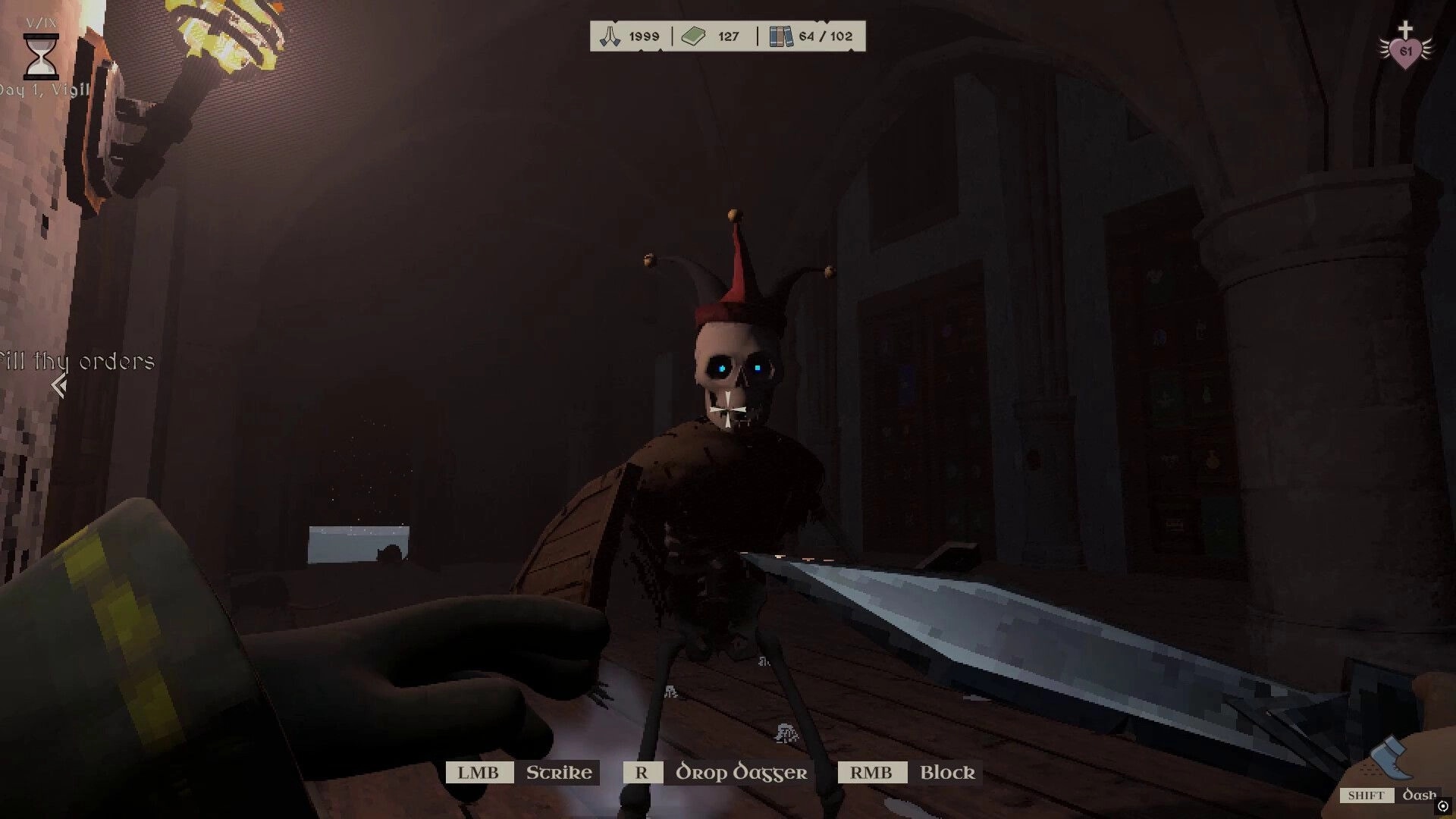 Monk Took Book: Skeleton jester confronts player wielding dagger in dimly lit medieval library.