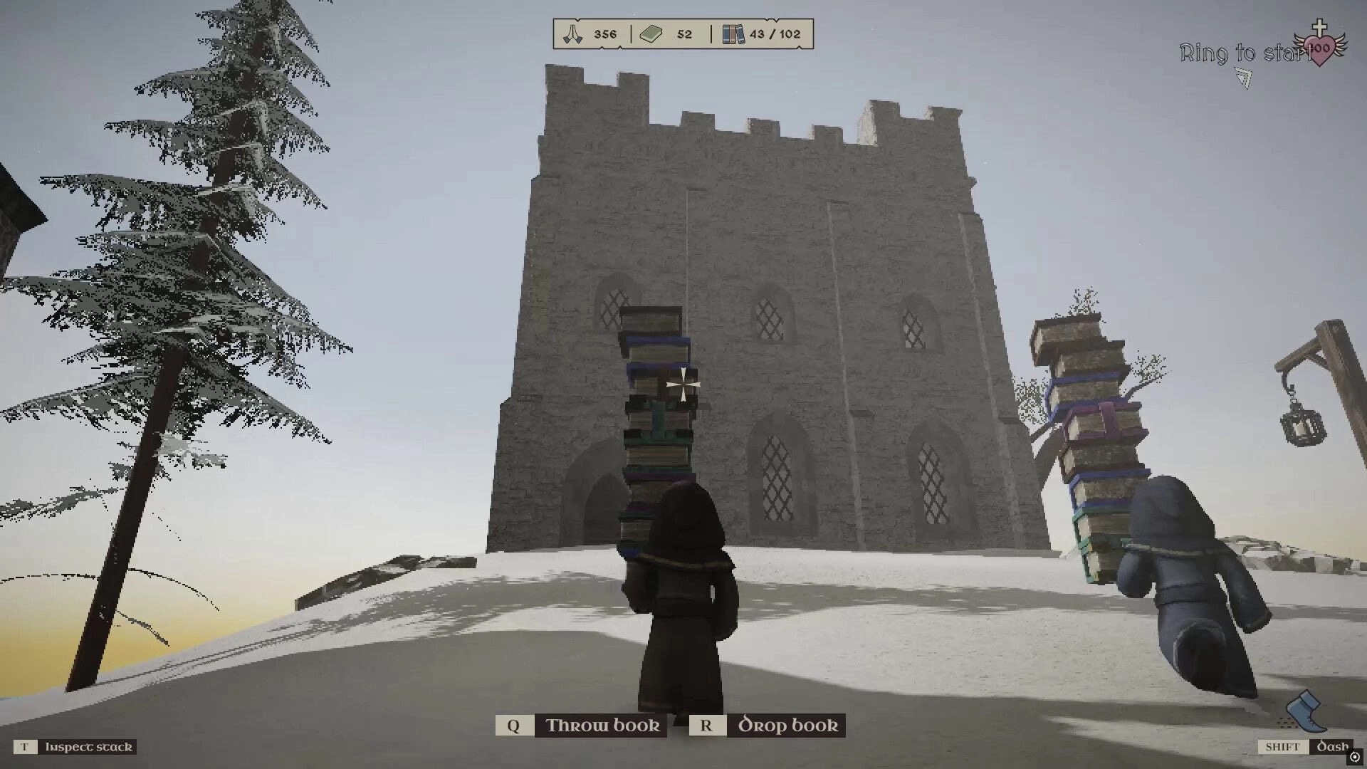 Monk Took Book: Two monks carry stacks of books in snowy courtyard with tall stone building in background