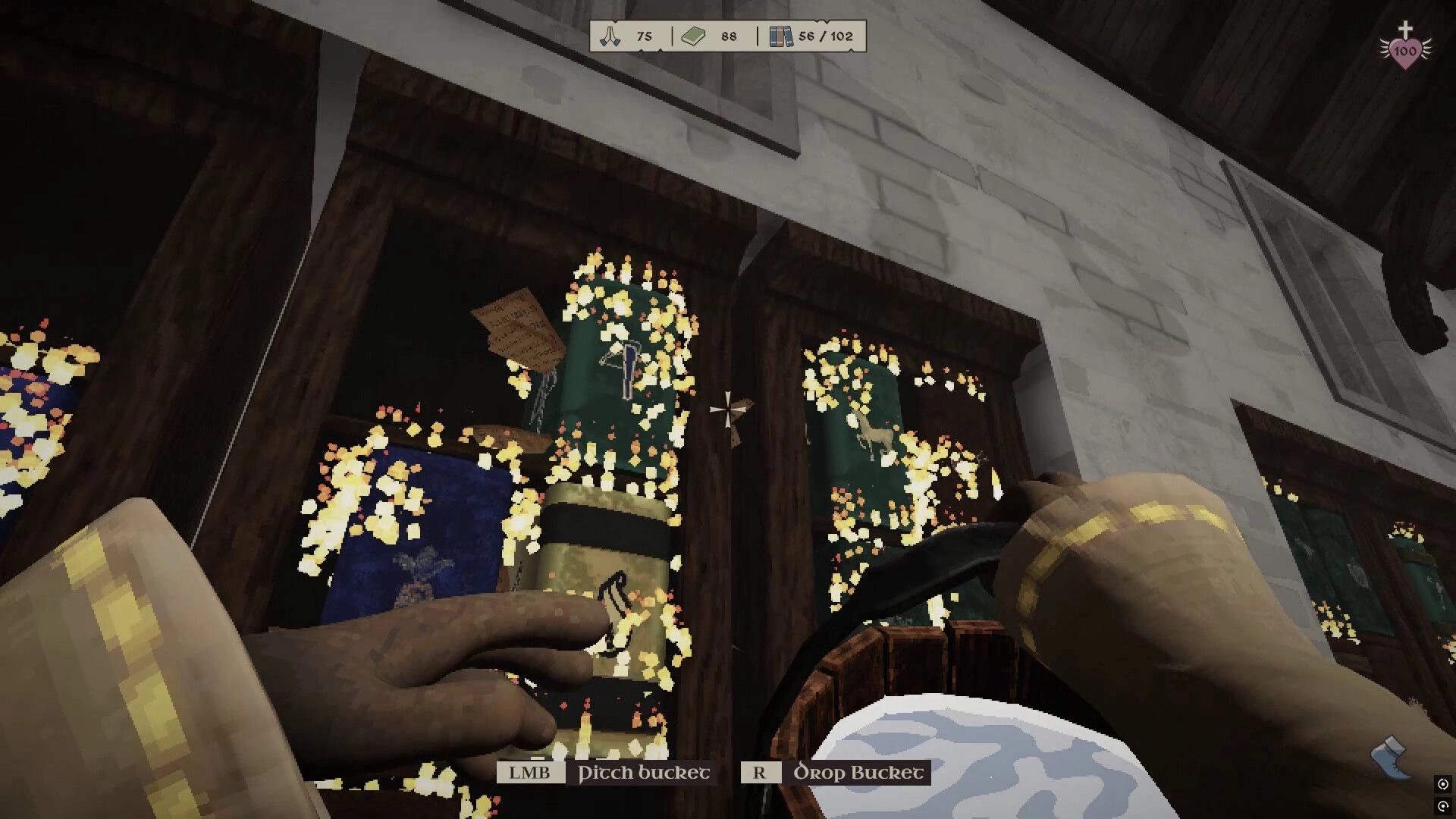 Monk Took Book: Hands holding a bucket near a glowing bookshelf in a medieval library setting