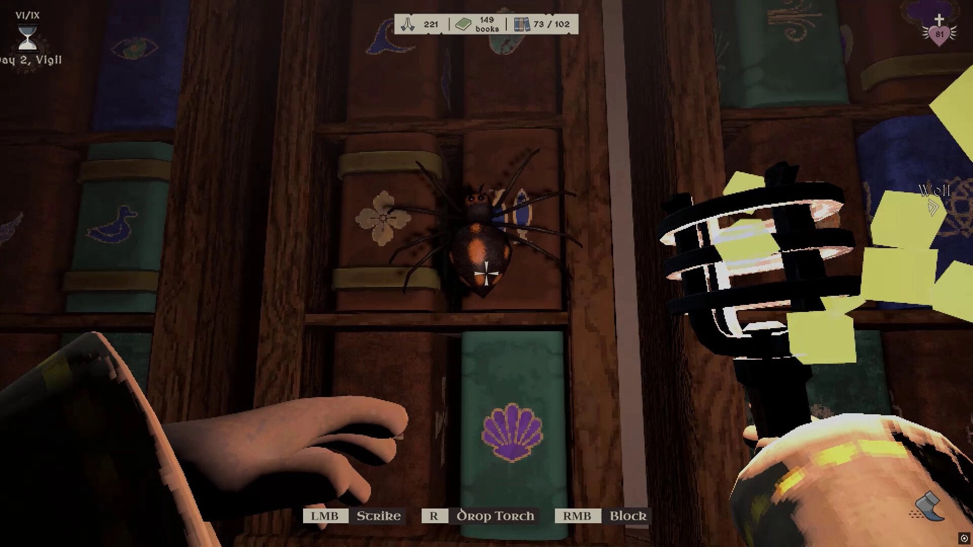 Monk Took Book: Player encounters giant spider on library shelf while holding a torch in the dark.