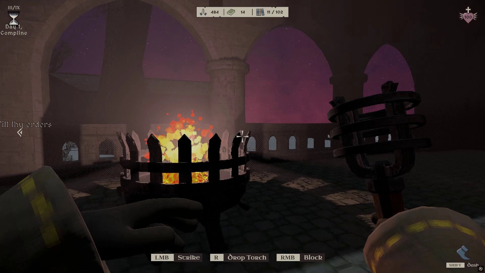 Monk Took Book: First-person view holding torch near a brazier in a medieval library courtyard at night
