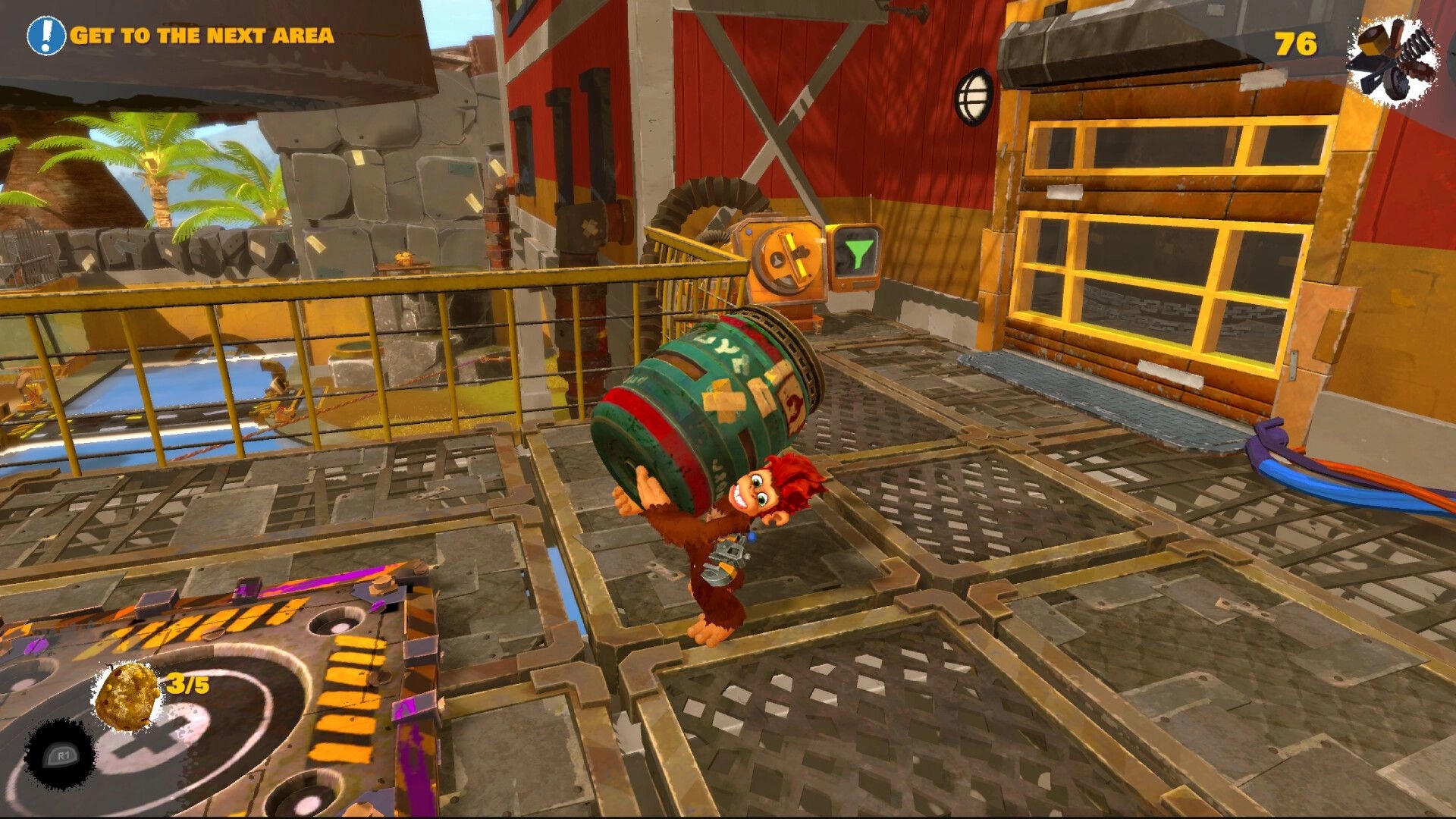 Monkey Do!: Mak hoists a green barrel on a metal platform outside a red warehouse, objective HUD visible.
