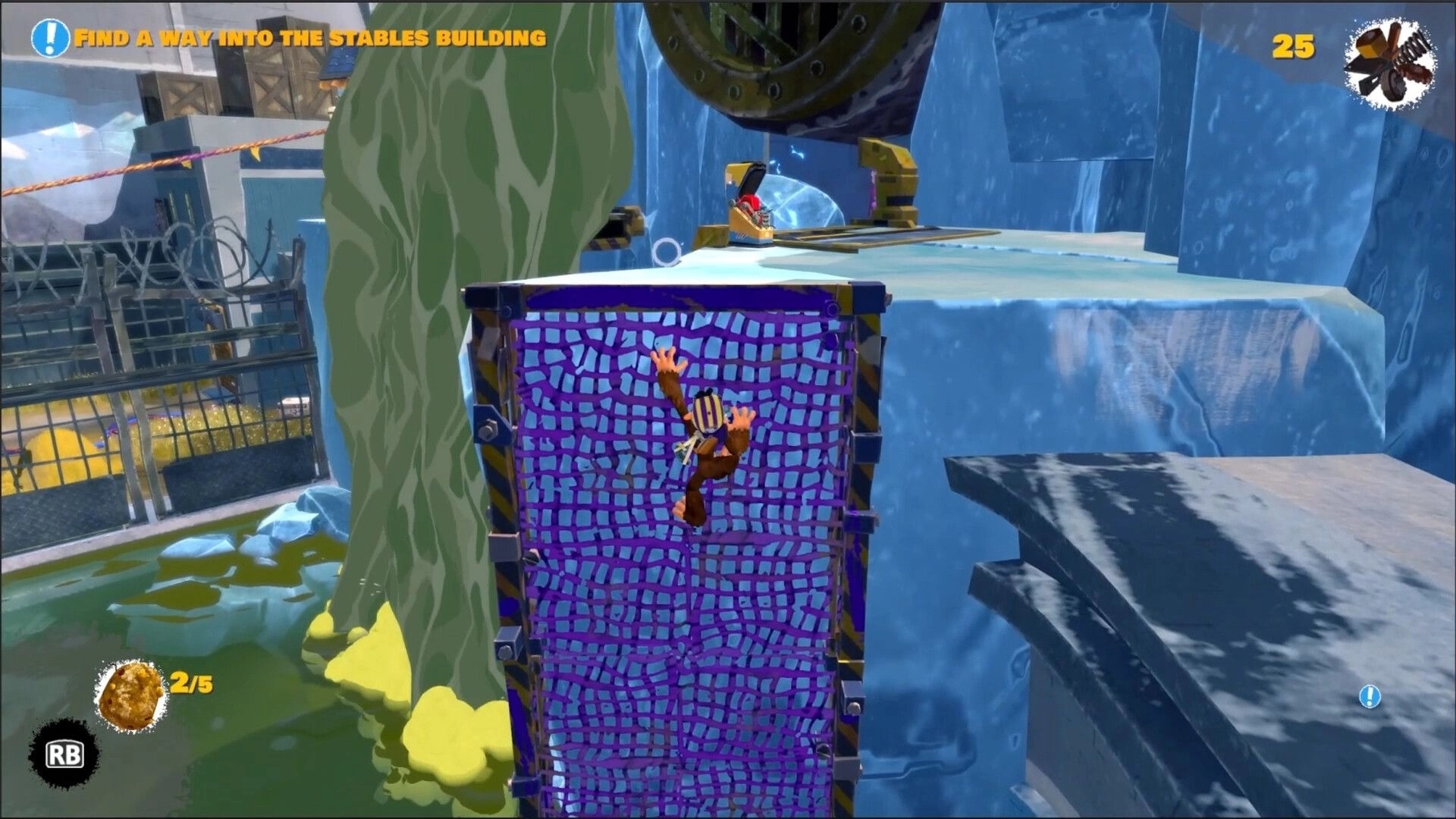 Monkey Do!: Monkey climbs a purple net wall in icy cliffs, objective text and ammo counter visible.