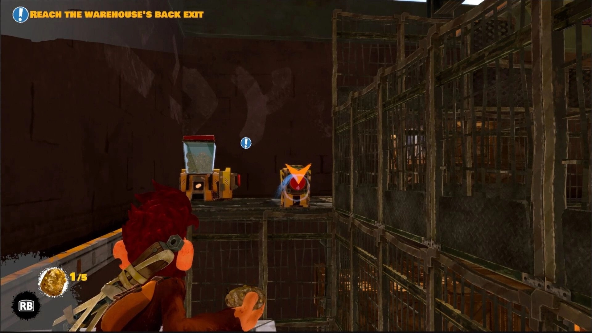 Monkey Do!: Over-the-shoulder aiming at a marked robot amid metal cages in a dim warehouse corridor.