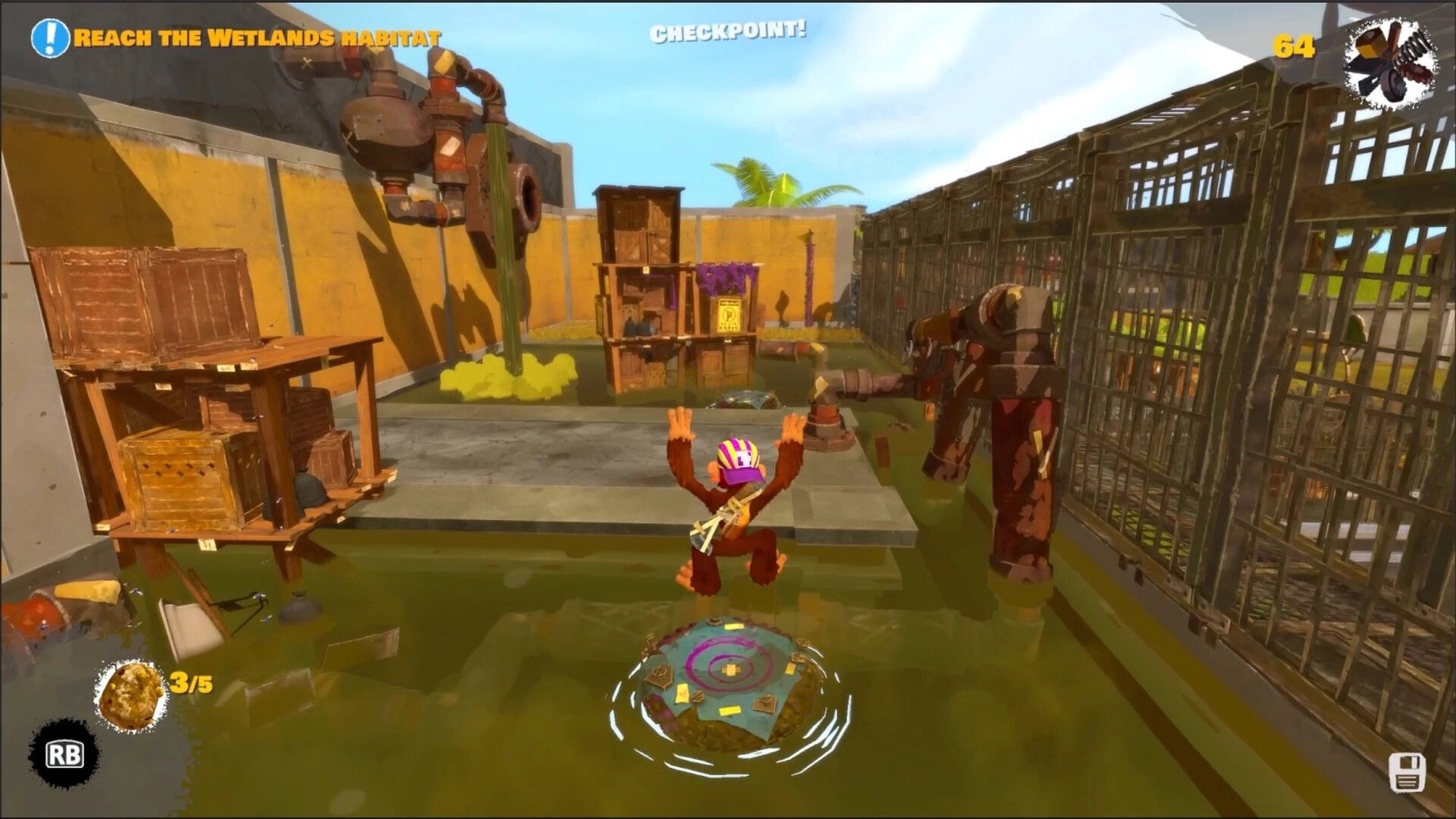 Monkey Do!: Mak jumps onto a floating pad in a flooded zoo yard with robot arms and checkpoint UI.