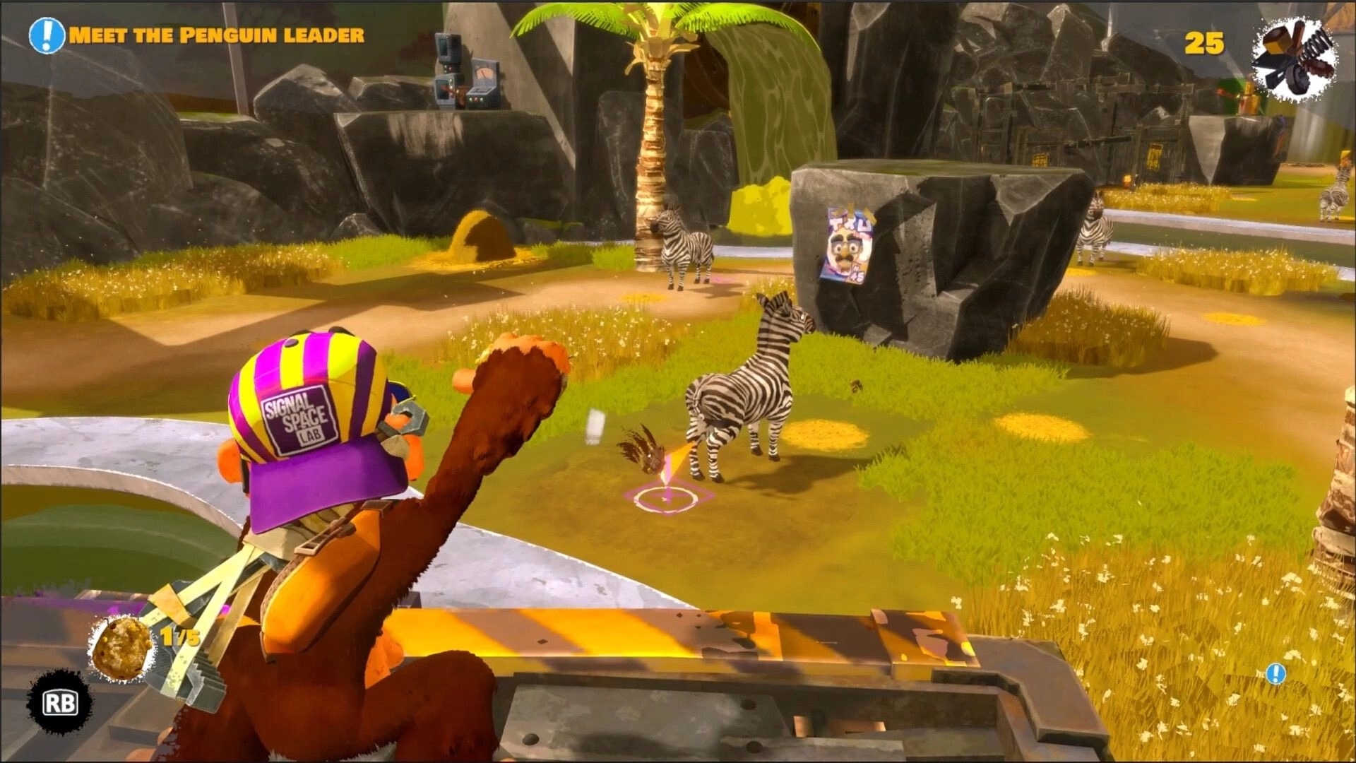 Monkey Do!: Monkey aims from cover at zebras in rocky zoo yard, quest “Meet the Penguin Leader” UI.
