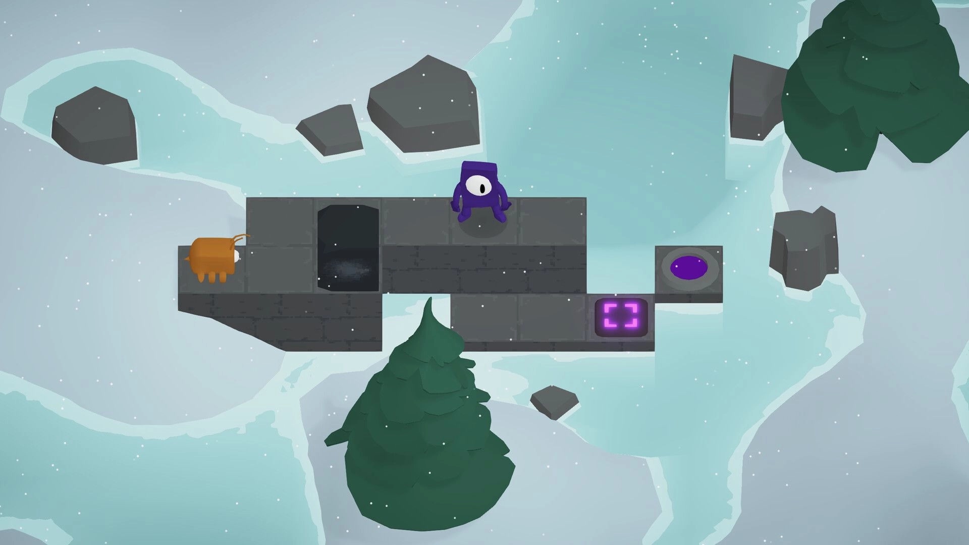 Monocular Odyssey: Purple cyclops character on icy platform pushing blocks with glowing tiles in snowy island