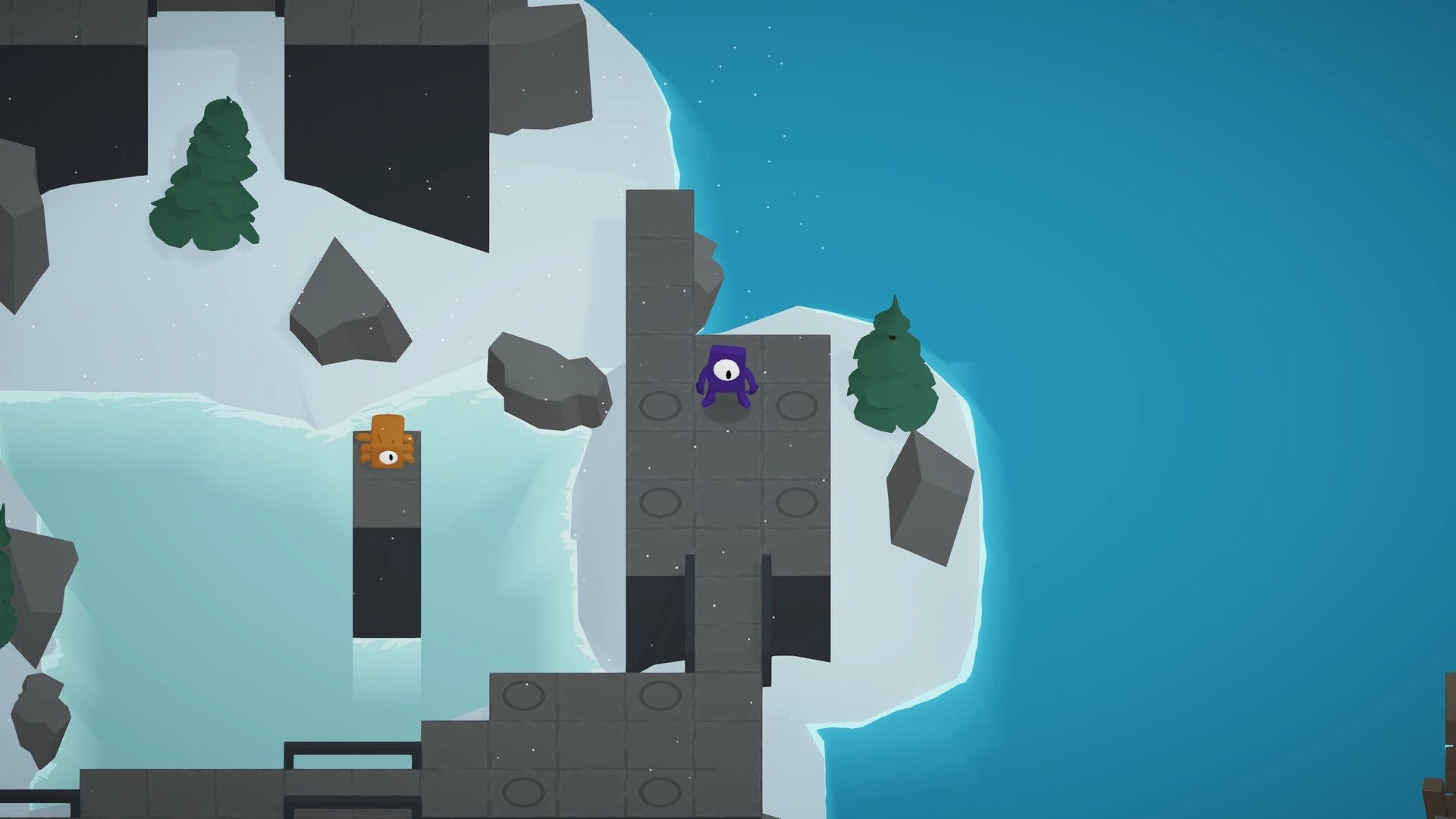 Monocular Odyssey: Character on icy platform near water with trees and blocks in snowy island setting