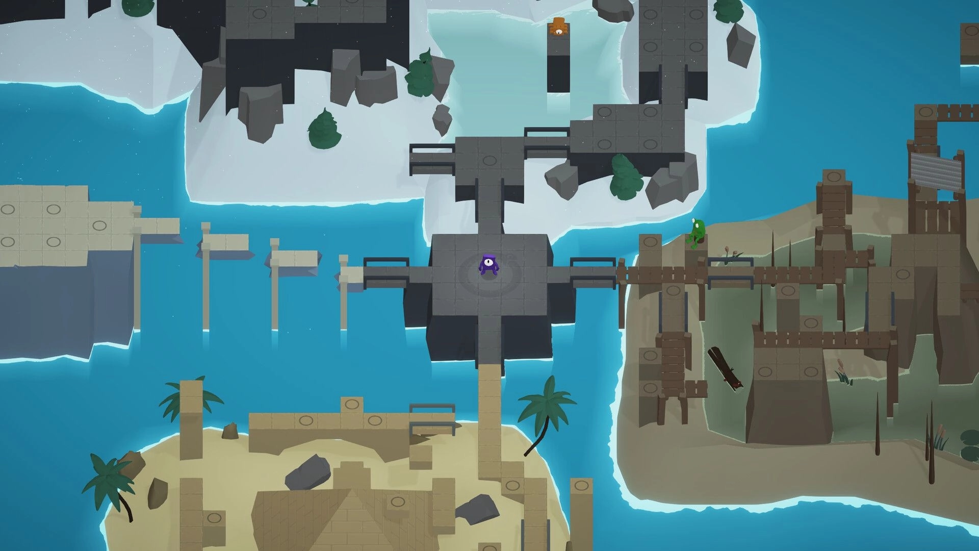 Monocular Odyssey: Central character on a stone platform surrounded by diverse island environments