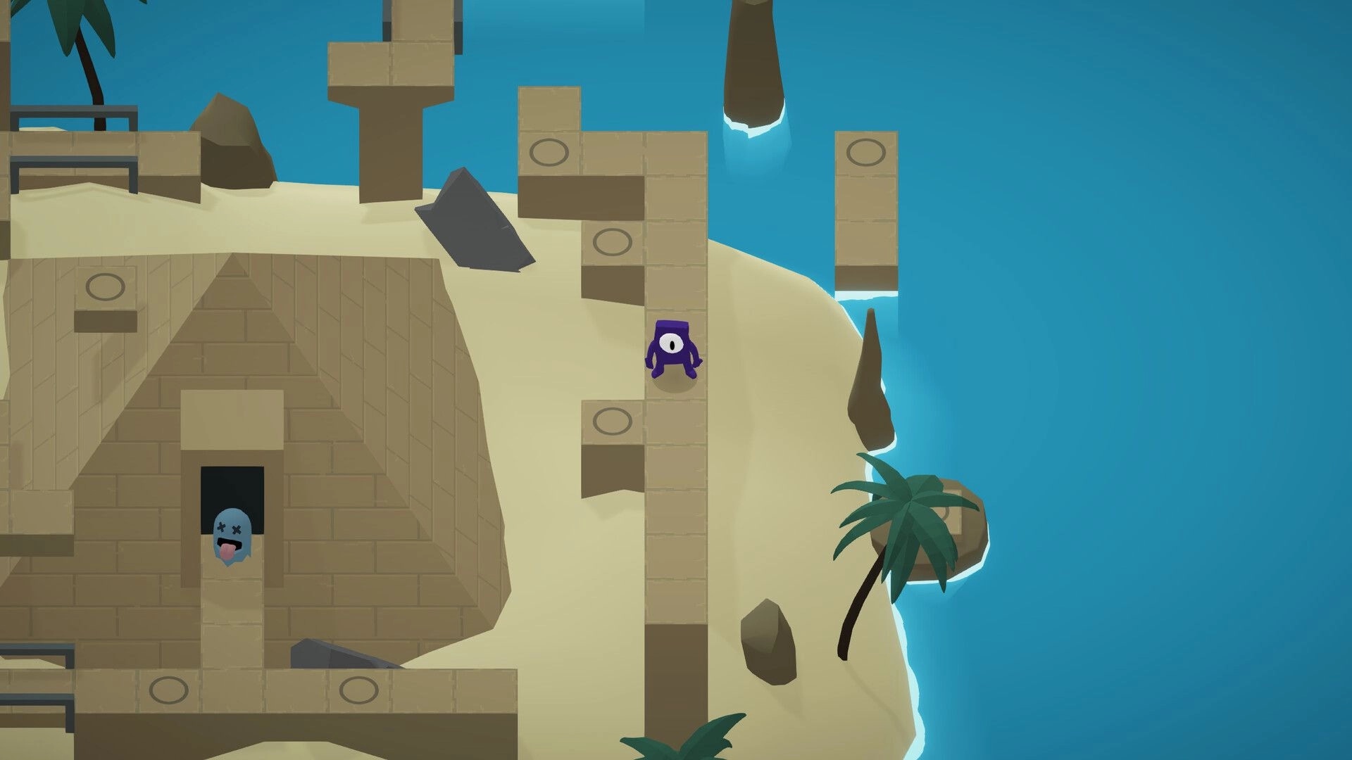 Monocular Odyssey: Character pushing blocks on sandy island with palm trees and pyramid in background