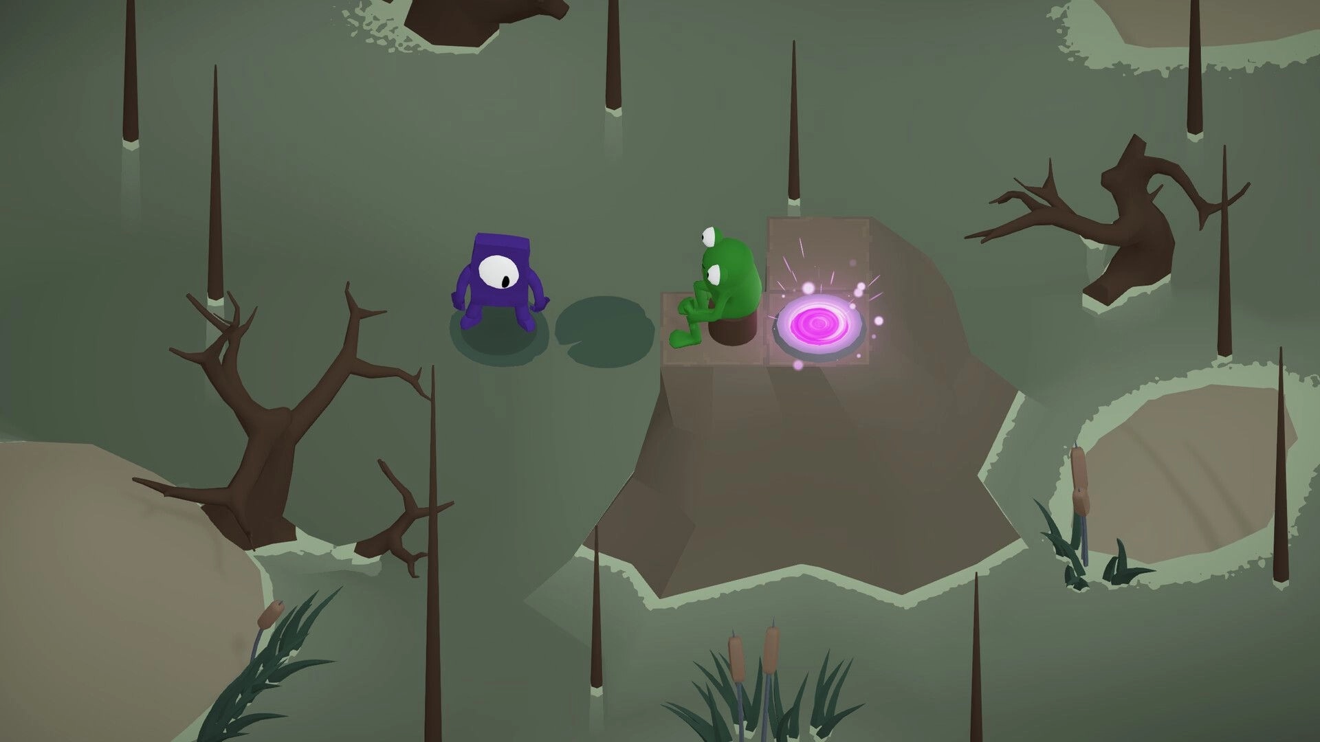 Monocular Odyssey: Two characters beside a glowing portal on an island with barren trees and reeds