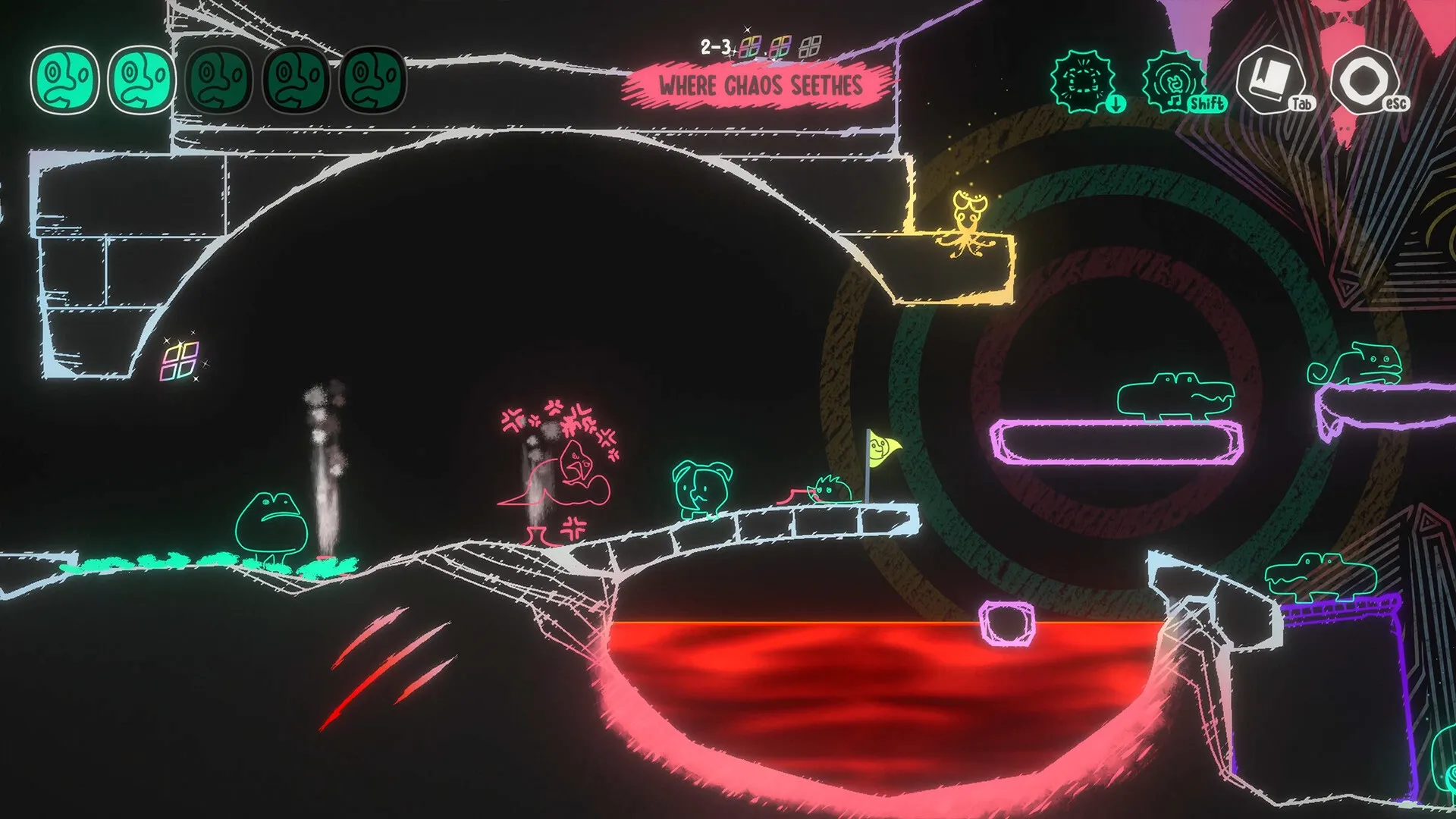 MONOWAVE: Quirky characters navigate neon platforms above a red liquid in a chaotic cavern environment.