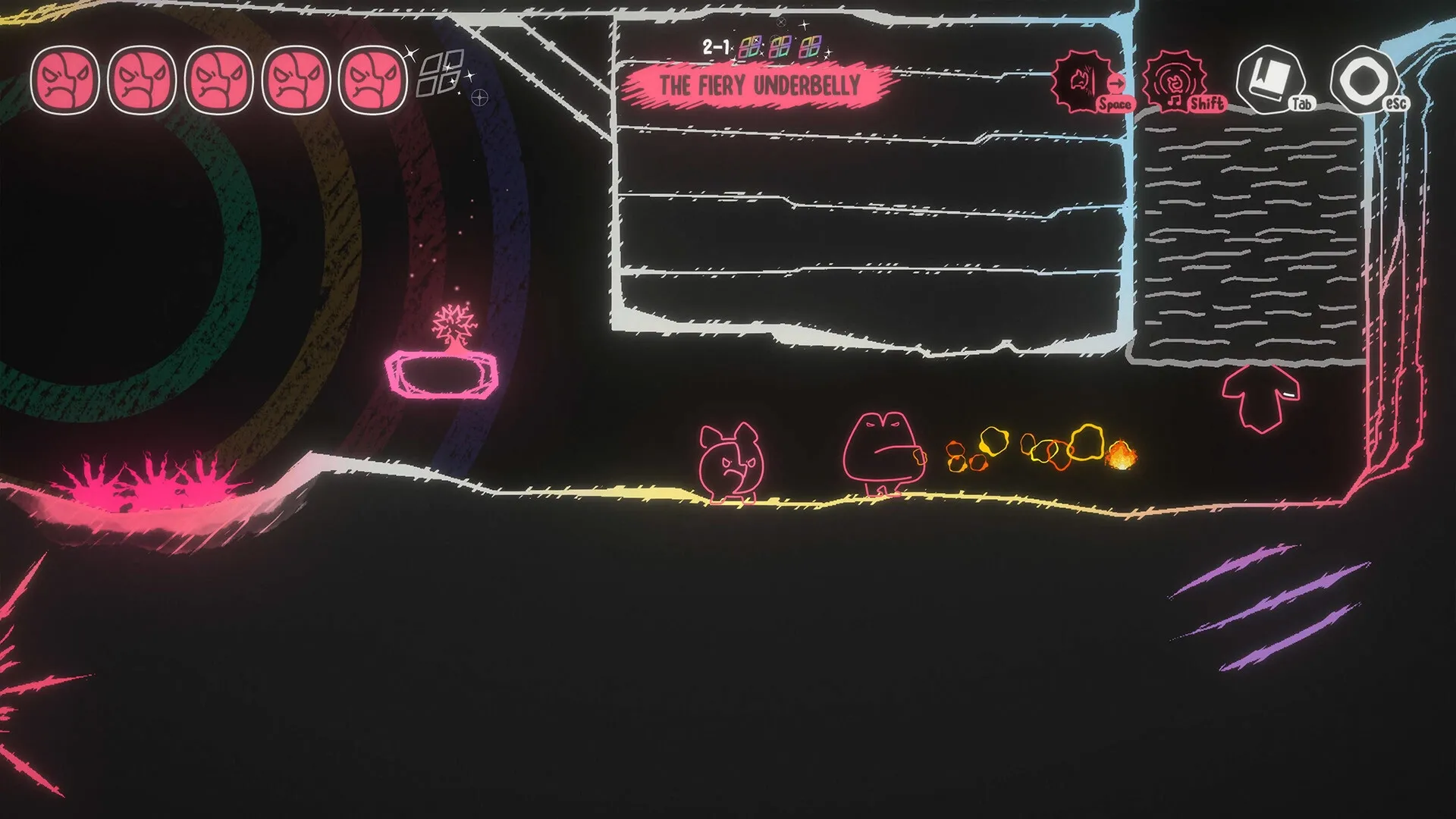 MONOWAVE: Two quirky characters explore "The Fiery Underbelly" with colorful icons and menu displays.