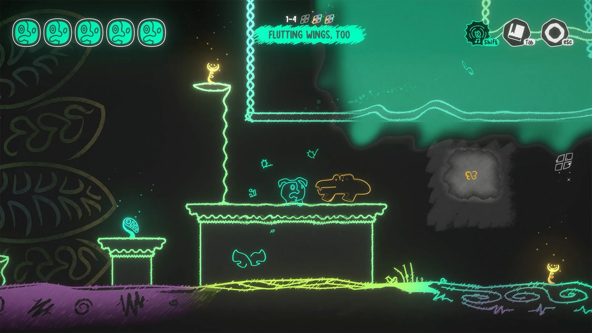 MONOWAVE: Character encounters quirky creature on neon platform with emotive icons and UI above