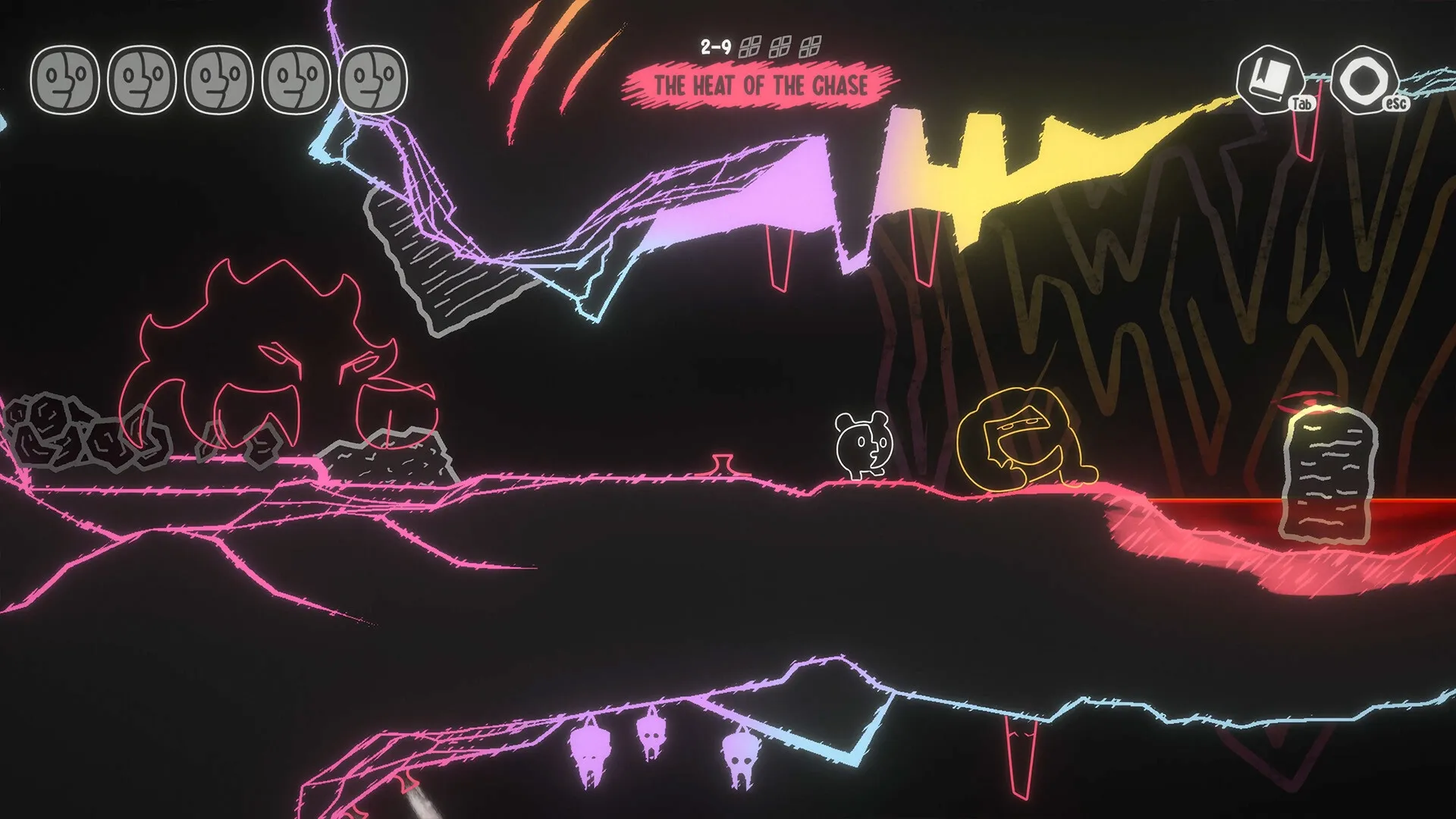 MONOWAVE: Player character navigates neon-lit cave platform with UI showing emotion icons and level title.