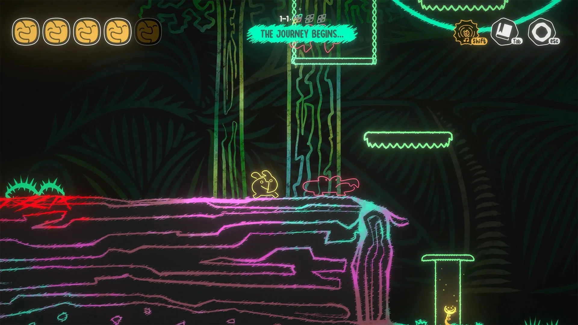 MONOWAVE: Character runs through neon-lit forest with health icons and "The Journey Begins" message.
