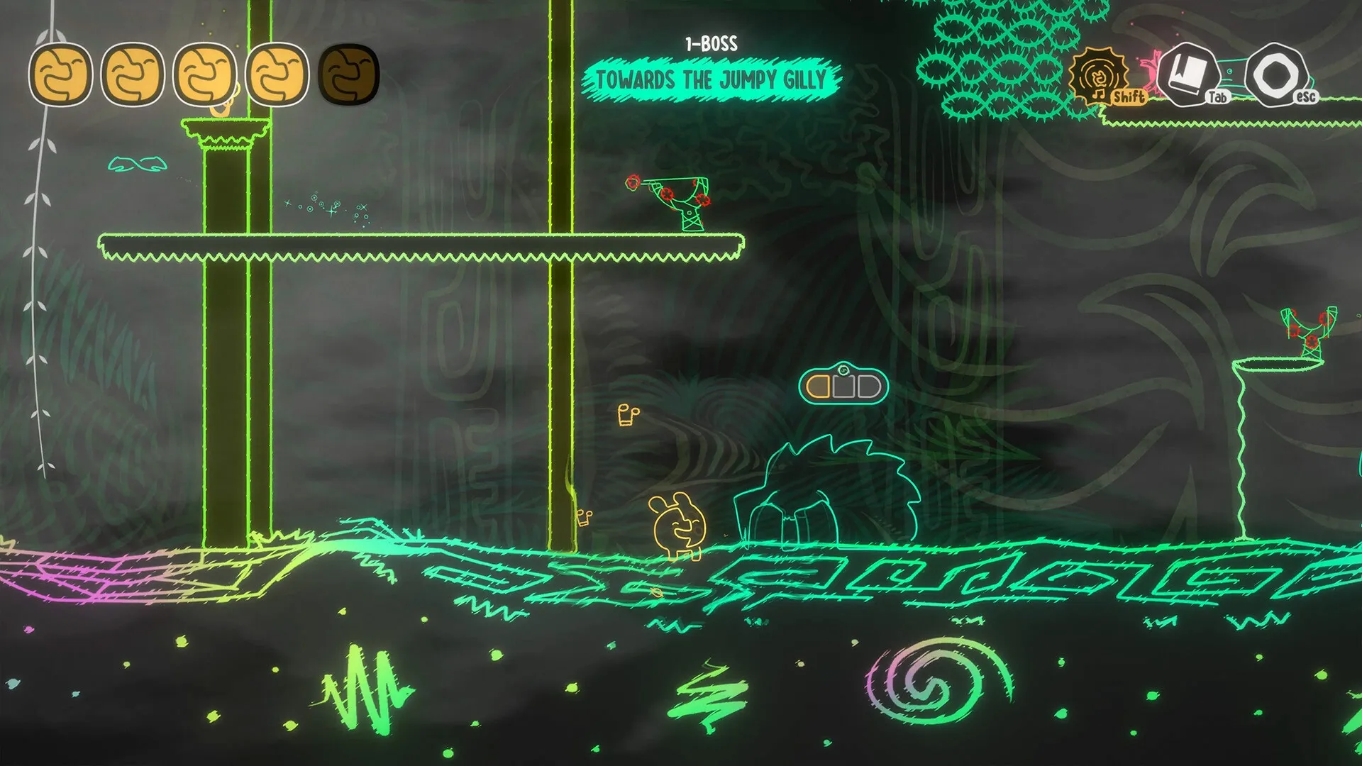 MONOWAVE: Character with big ears navigating neon platform environment with health icons and boss label