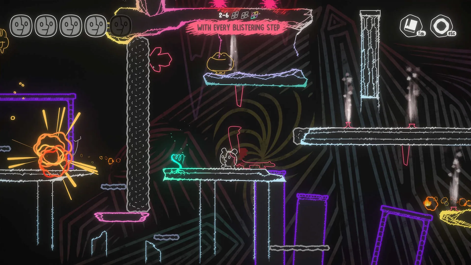 MONOWAVE: Character navigates neon platforms with obstacles and explosions in a dark, whimsical world.