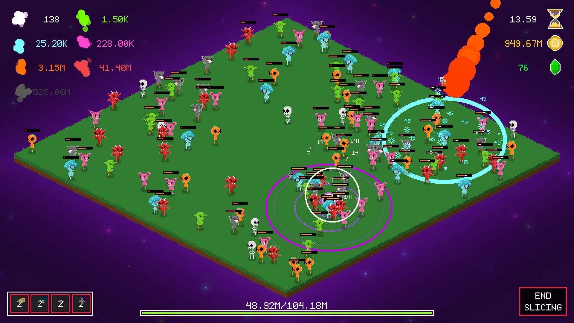 Monslice: Crowded monster slicing arena with damage numbers and spell circles on a floating grass grid.