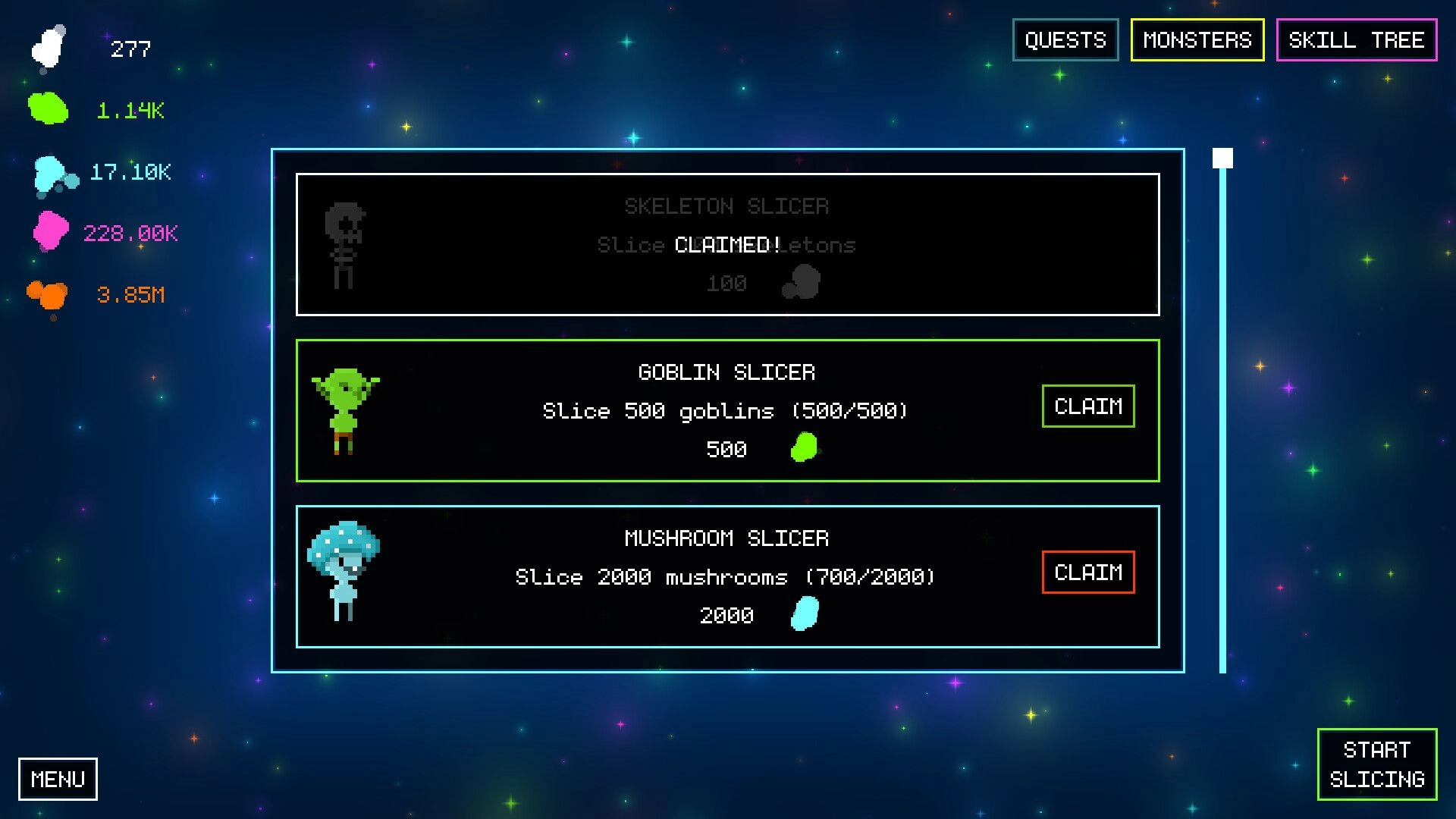 Monslice: Monsters quests list with goblin and mushroom slicer rewards and claim buttons on starry UI.