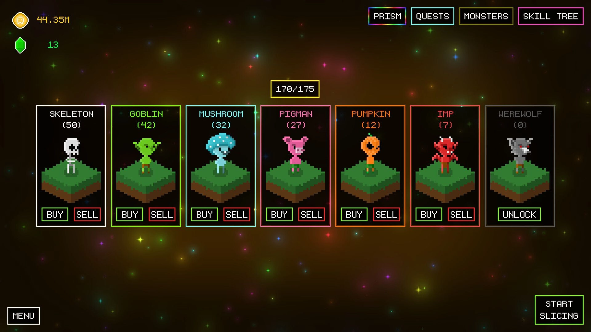Monslice: Monsters shop with buy/sell cards for skeleton, goblin, mushroom, pigman on starry UI.