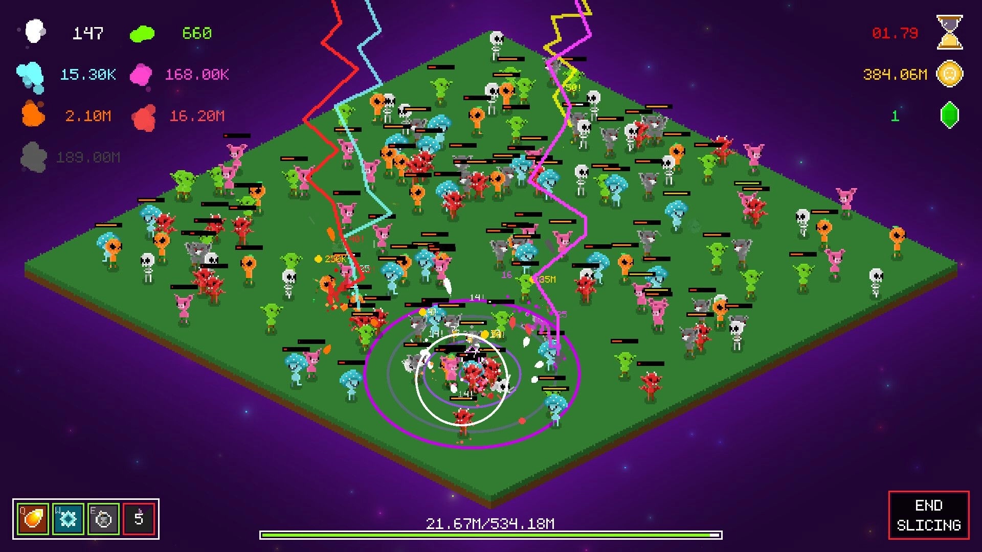 Monslice: Swarm of colorful monsters with health bars and lightning attacks on a floating grid arena.