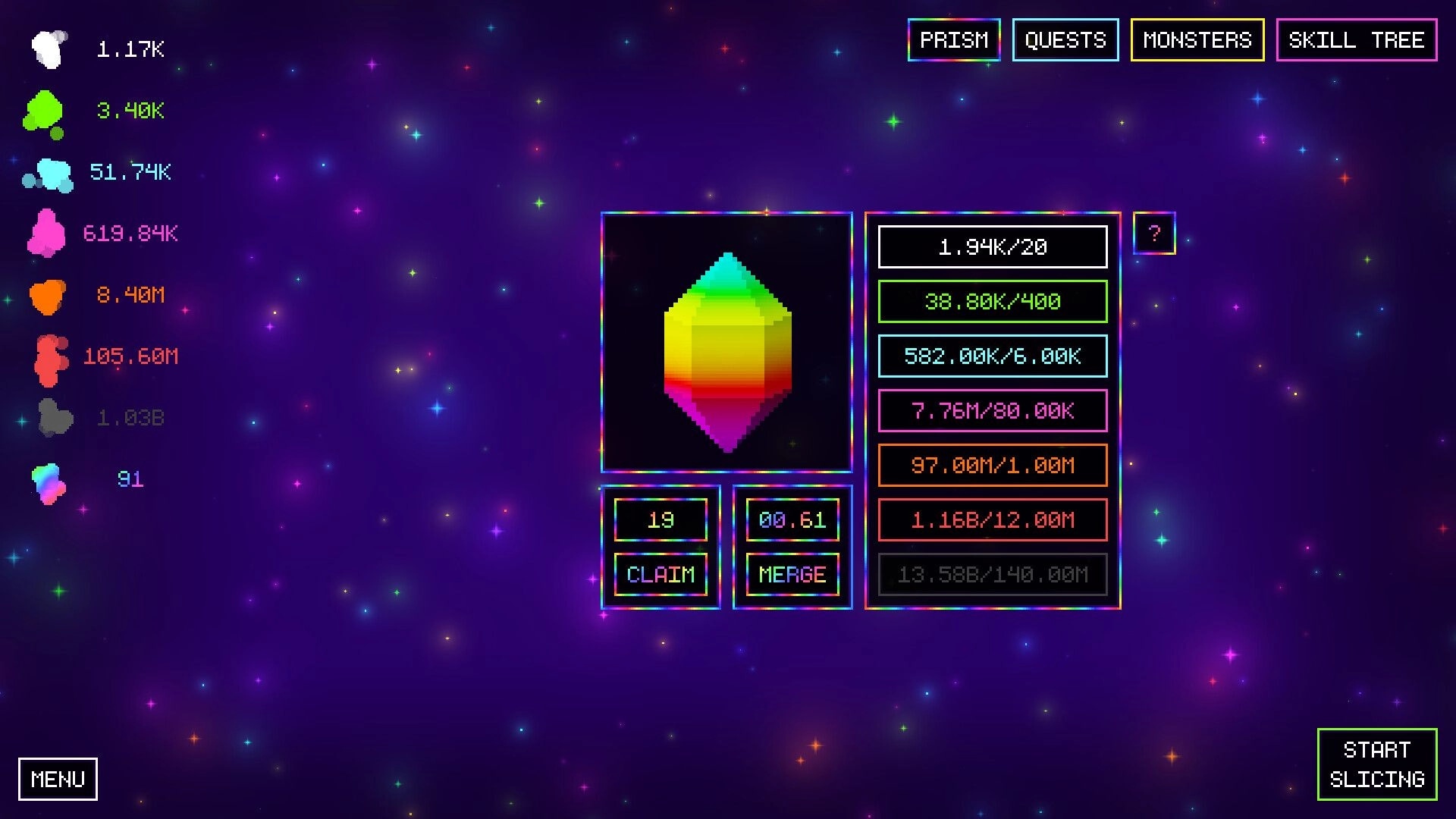 Monslice: Prism merge screen with rainbow crystal, resource bars and claim buttons on starry space backdrop.