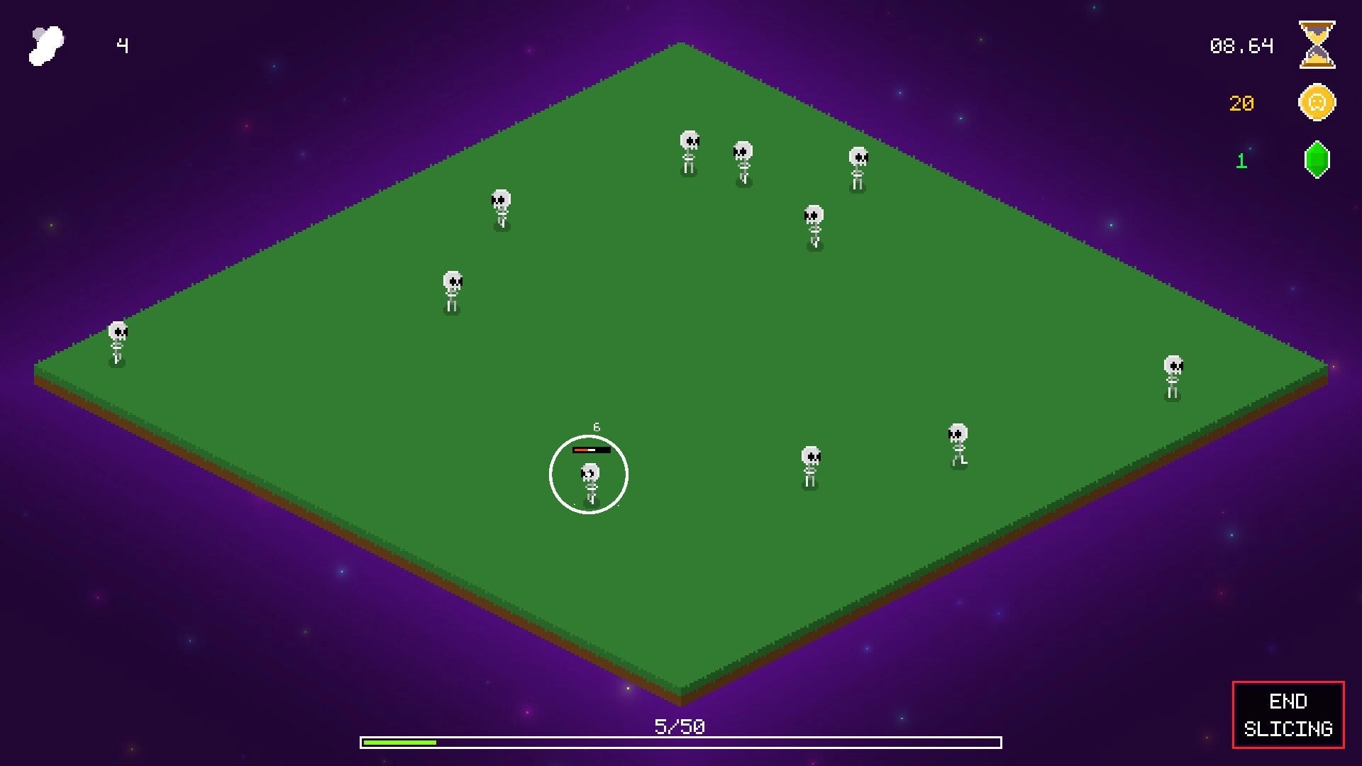 Monslice: Skeleton enemies scattered on a green arena, one targeted with health bar in space UI.