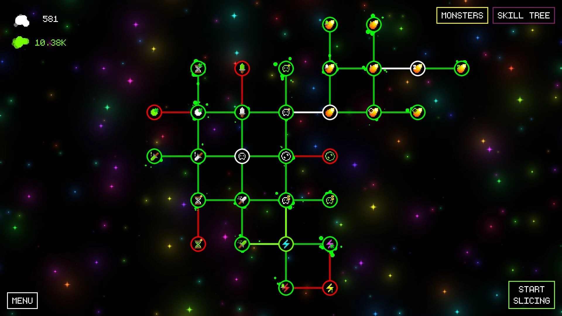 Monslice: Skill tree node grid with green and red paths on a starry space background UI.