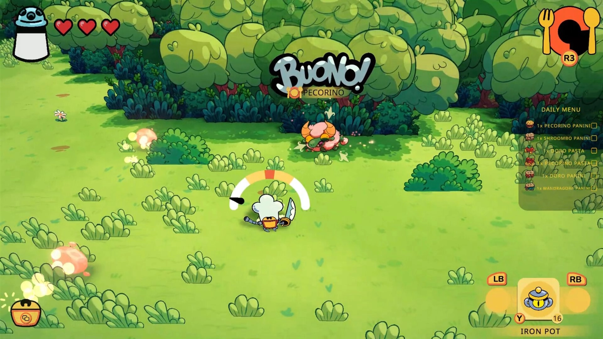 Monster Chef: Pranzo battling monster in lush forest with health bar and daily menu on display