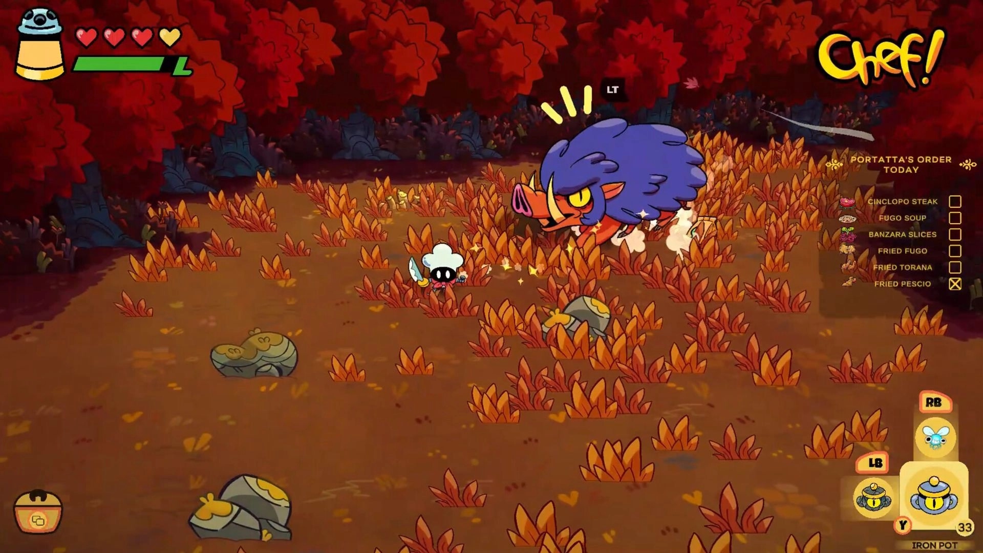 Monster Chef: Pranzo battles a fierce boar in colorful autumn woods with cooking menu displayed.