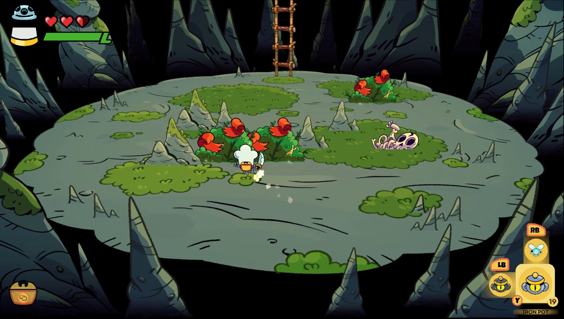 Monster Chef: Pranzo exploring cave with health bar and inventory options visible in corner