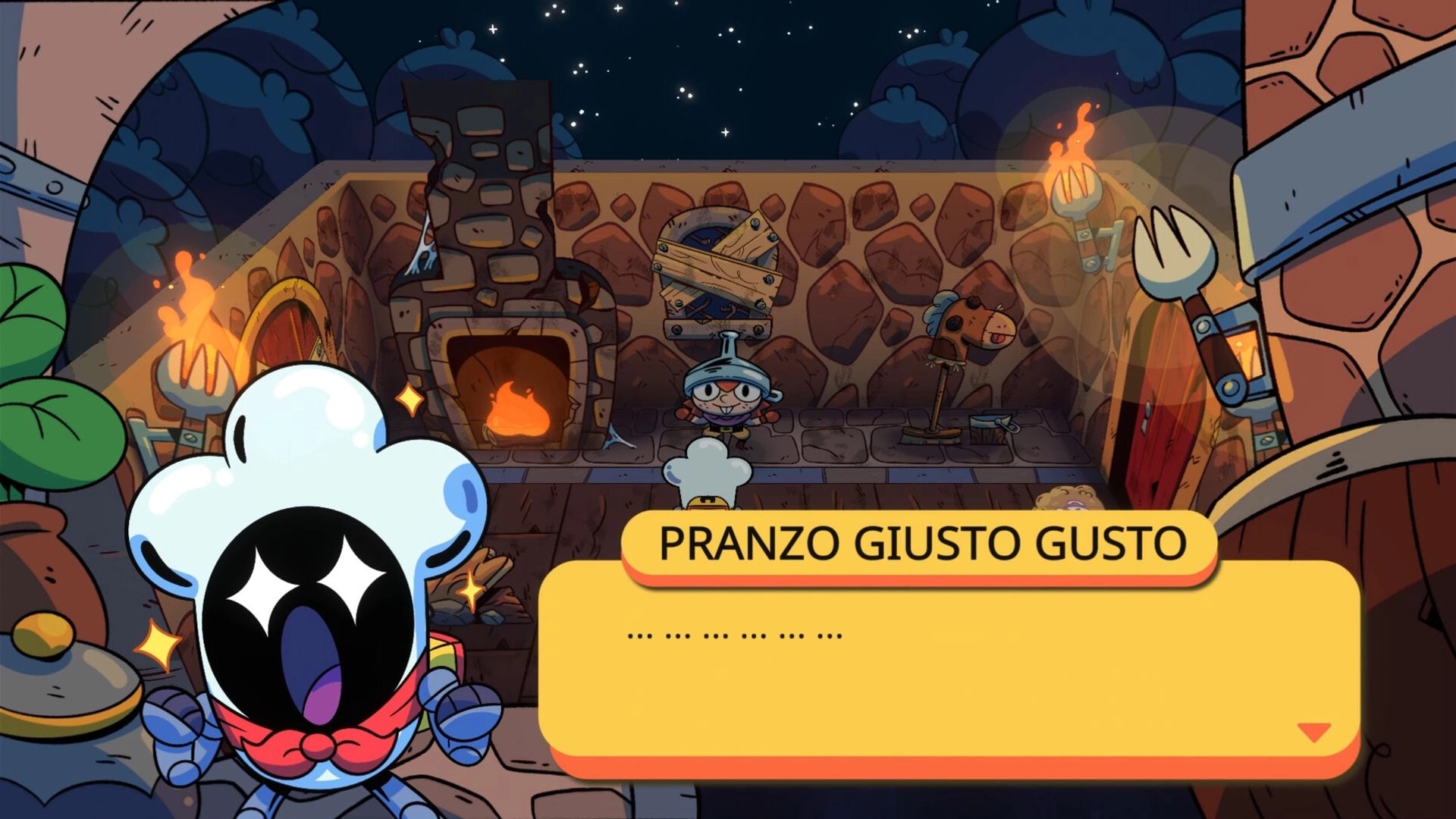 Monster Chef: Pranzo in dialogue with character in cozy inn kitchen by fireplace