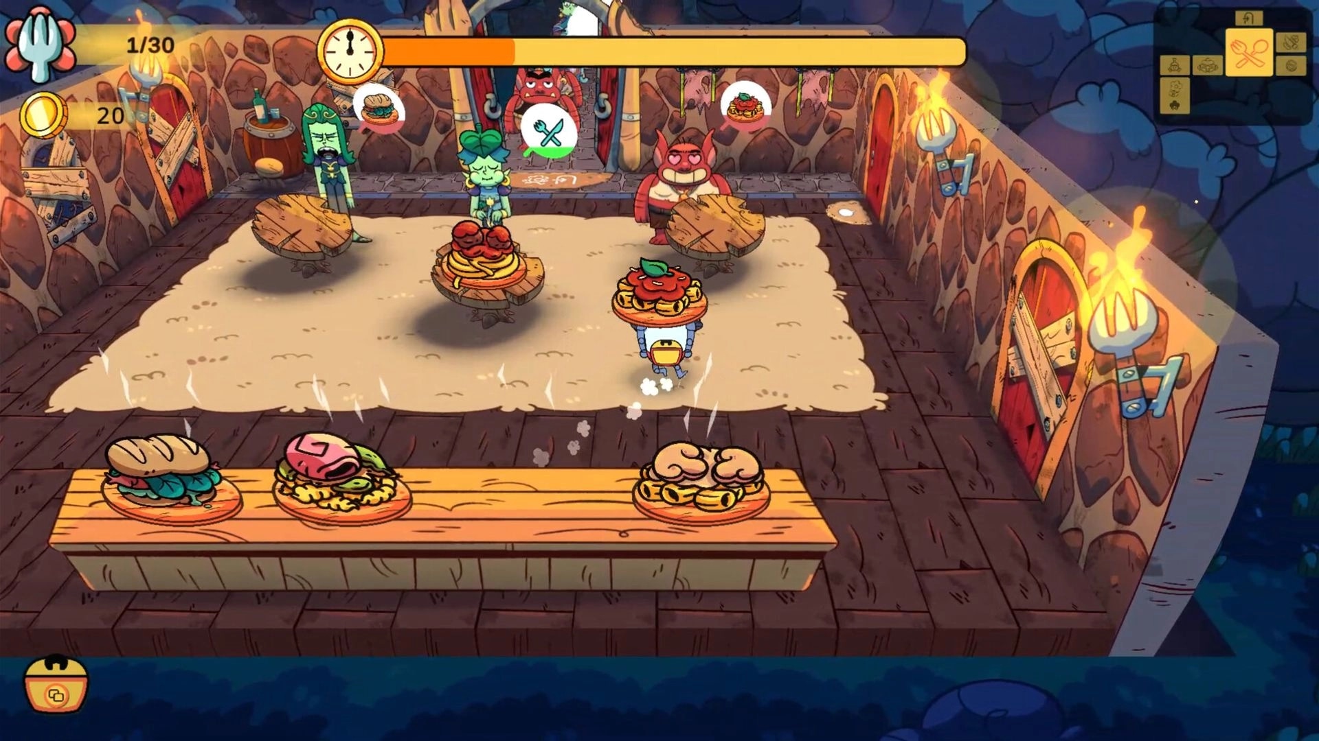 Monster Chef: Pranzo serves dishes to hungry monsters in a cozy, torch-lit dining room with wooden tables.