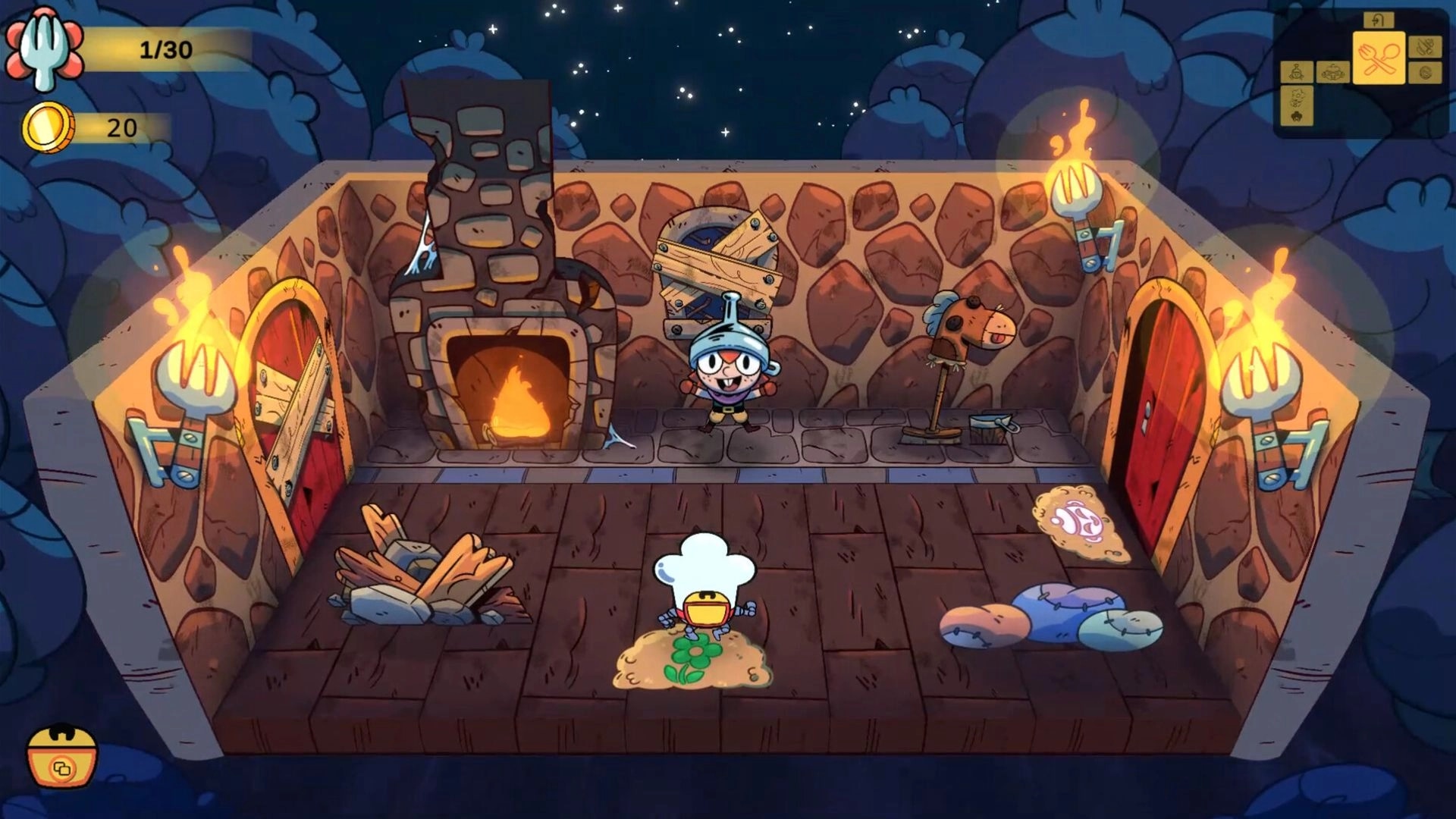 Monster Chef: Pranzo stands in cozy stone room with fireplace, torch-lit walls, and cooking tools.