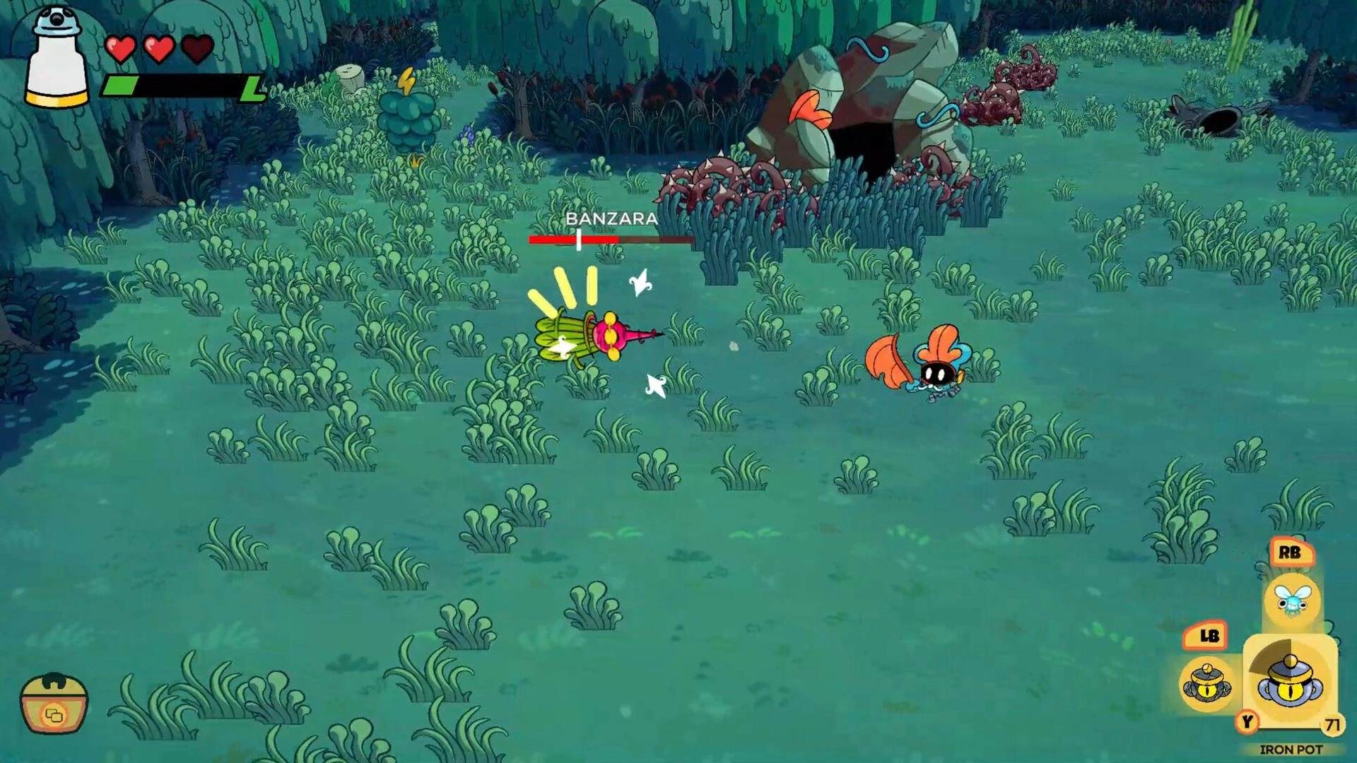 Monster Chef: Pranzo battles Banzara in a grassy field with trees, using action buttons for skills.