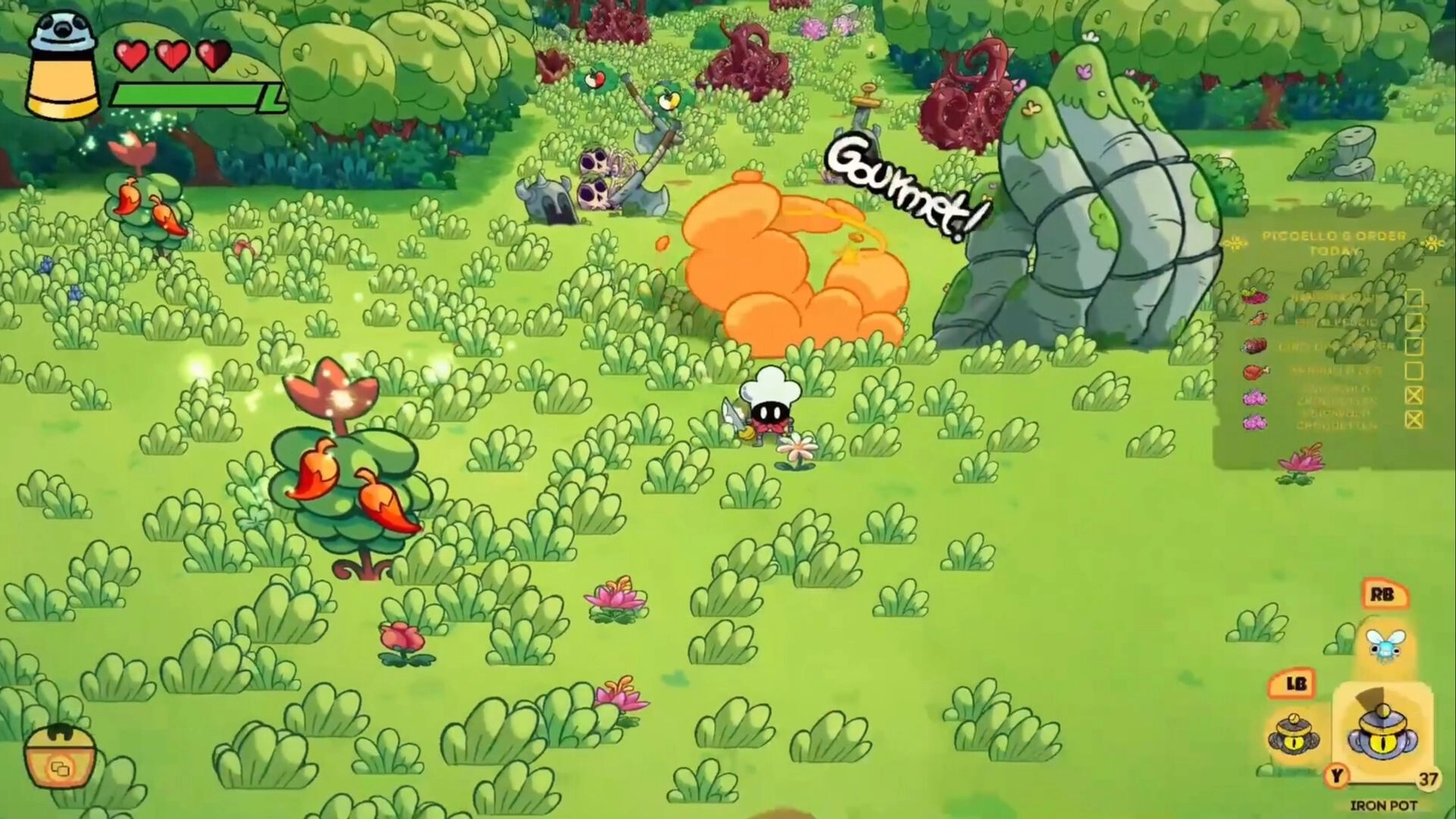 Monster Chef: Pranzo explores lush forest, avoiding orange explosion with health and inventory visible.