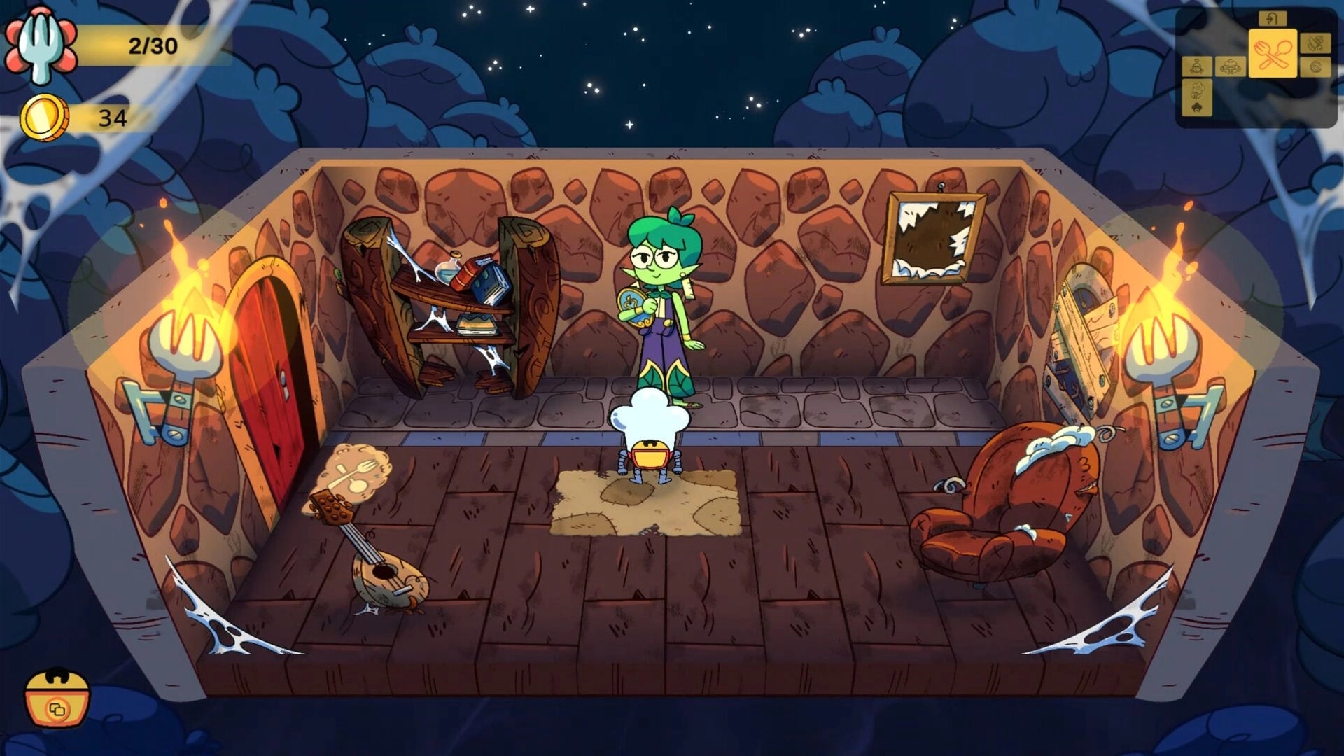 Monster Chef: Pranzo interacts with a character inside a cozy stone room with torches and furniture.