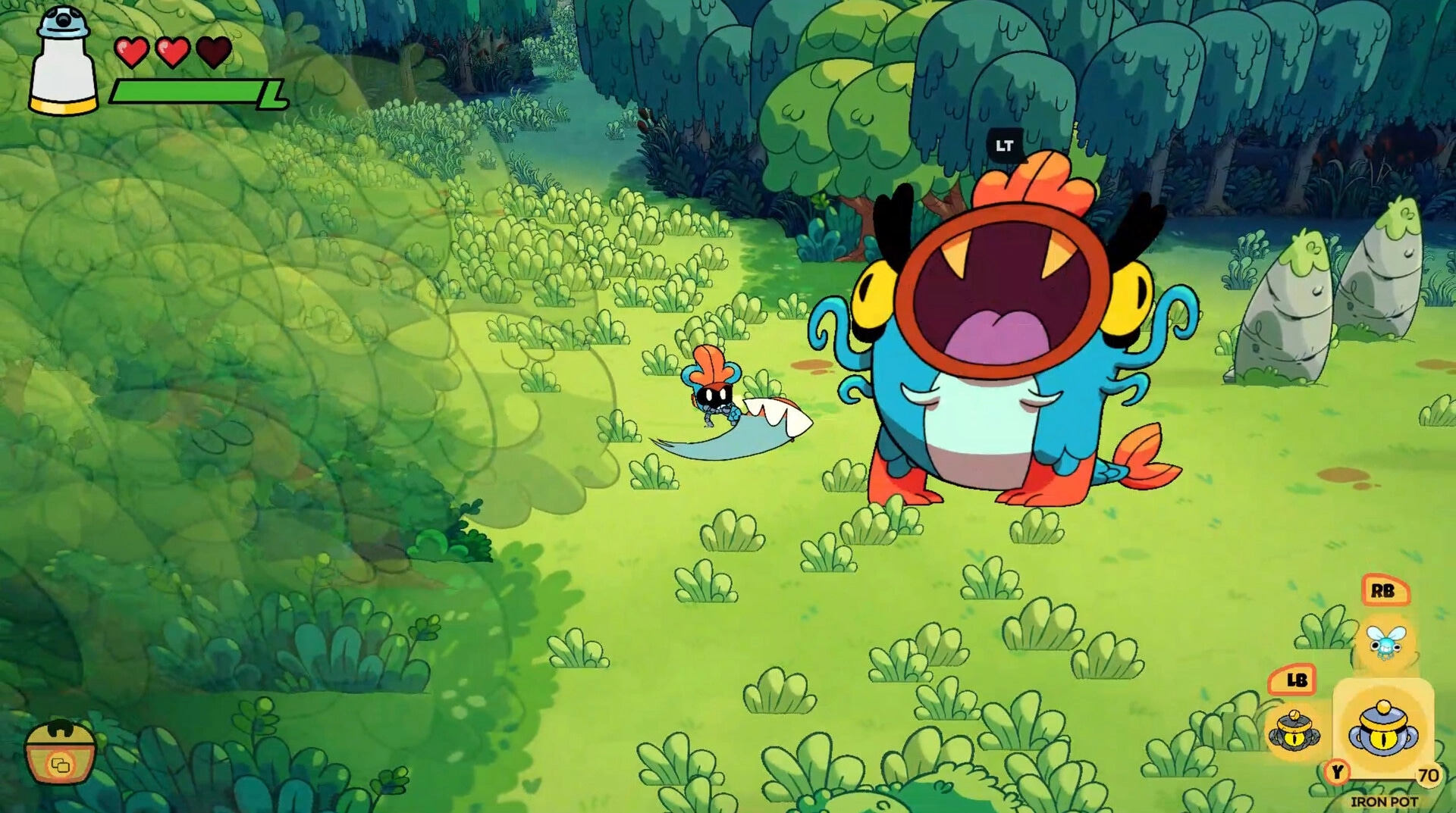 Monster Chef: Pranzo battles giant monster in lush forest with health bar and action buttons visible